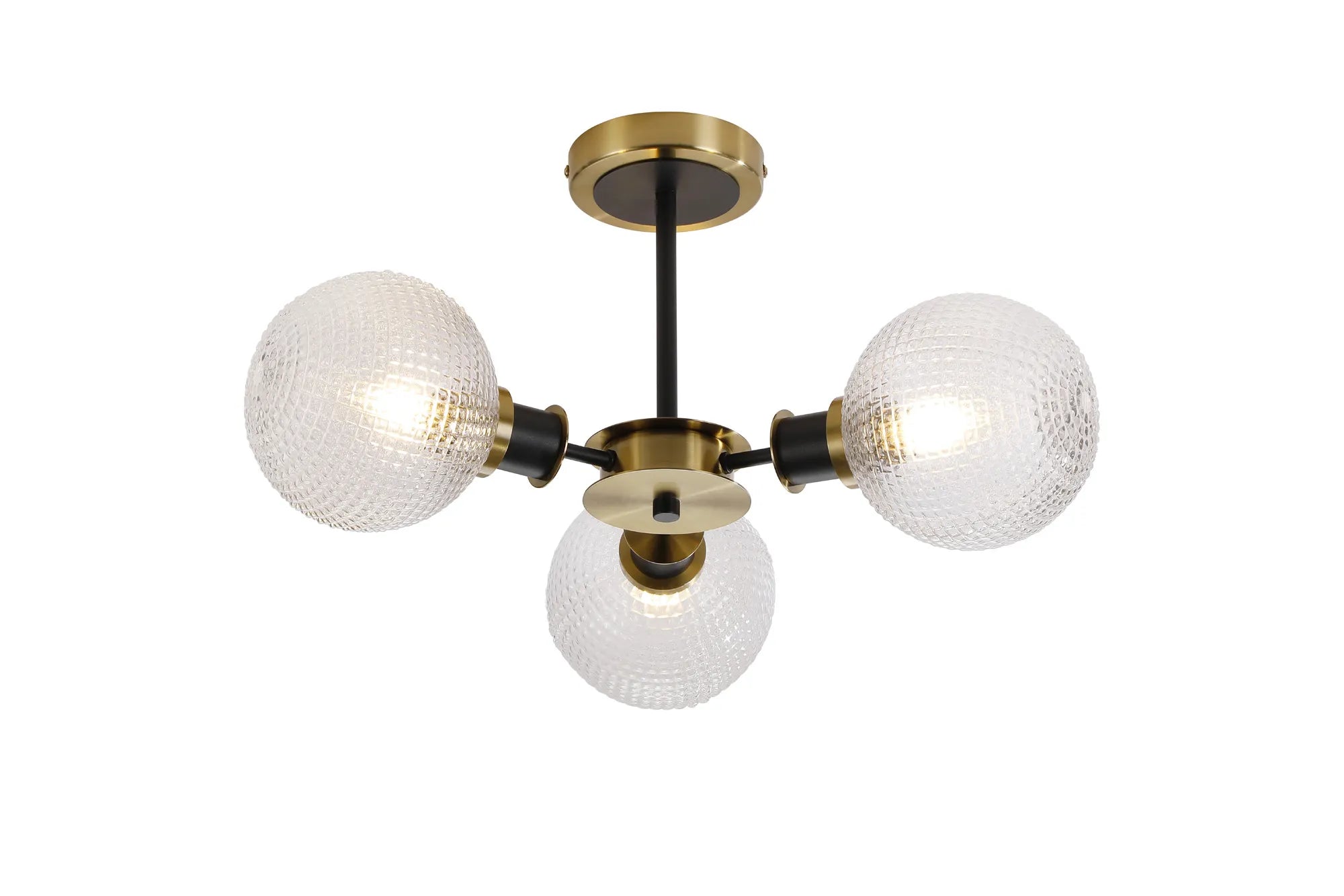 Sycamore Semi Ceiliing 3 Light with 15cm Round Textured Diamond Pattern Glass Shade - Brass, Clear & Satin Black