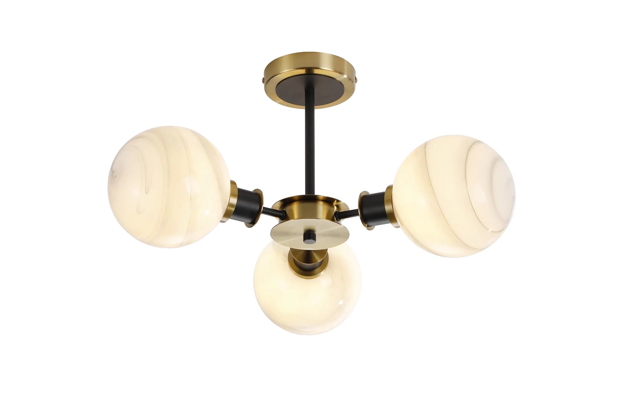 Sycamore Semi Ceiliing 3 Light with 15cm Round Marble Effect Glass Shade - Brass, White & Satin Black