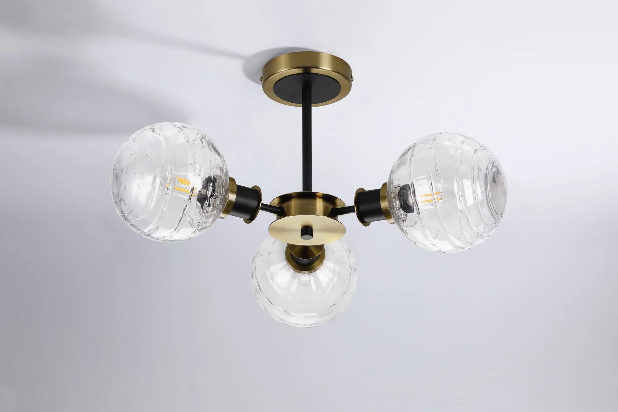 Sycamore Semi Ceiliing 3 Light with 15cm Round Textured Melting Glass Shade - Brass, Clear & Satin Black