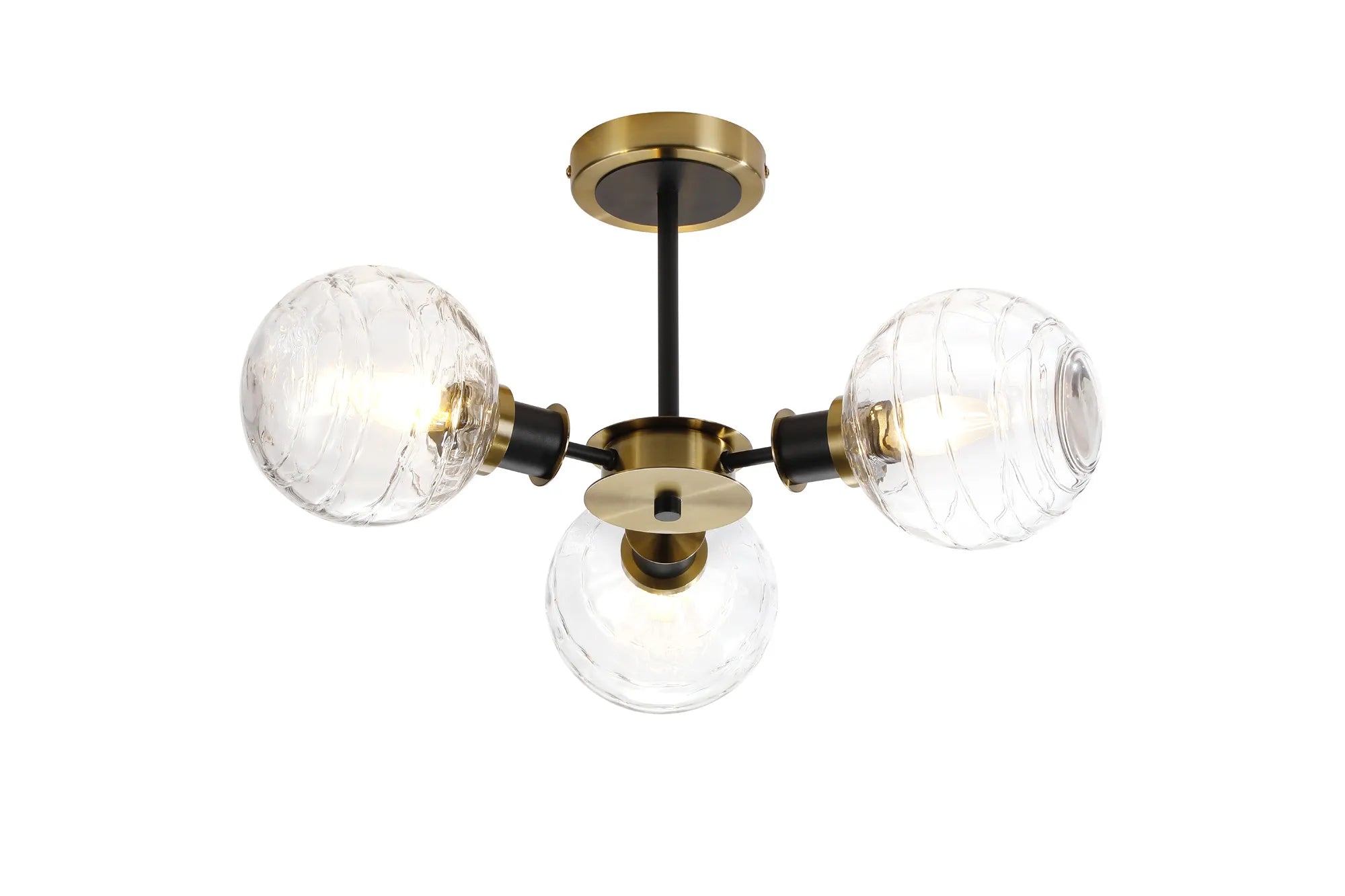 Sycamore Semi Ceiliing 3 Light with 15cm Round Textured Melting Glass Shade - Brass, Clear & Satin Black