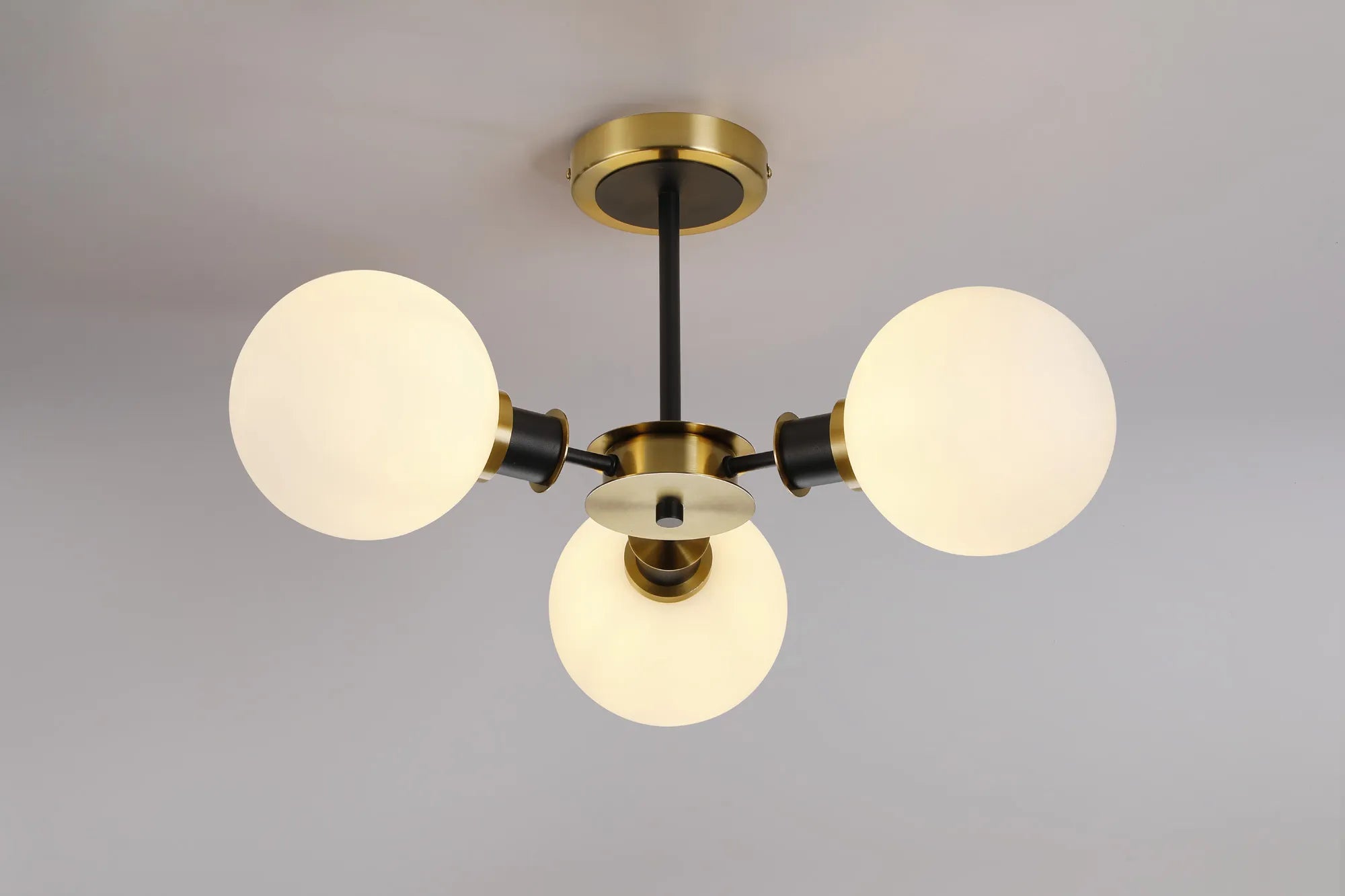 Sycamore Semi Ceiliing 3 Light with 15cm Round Glass Shade - Brass, Opal & Satin Black