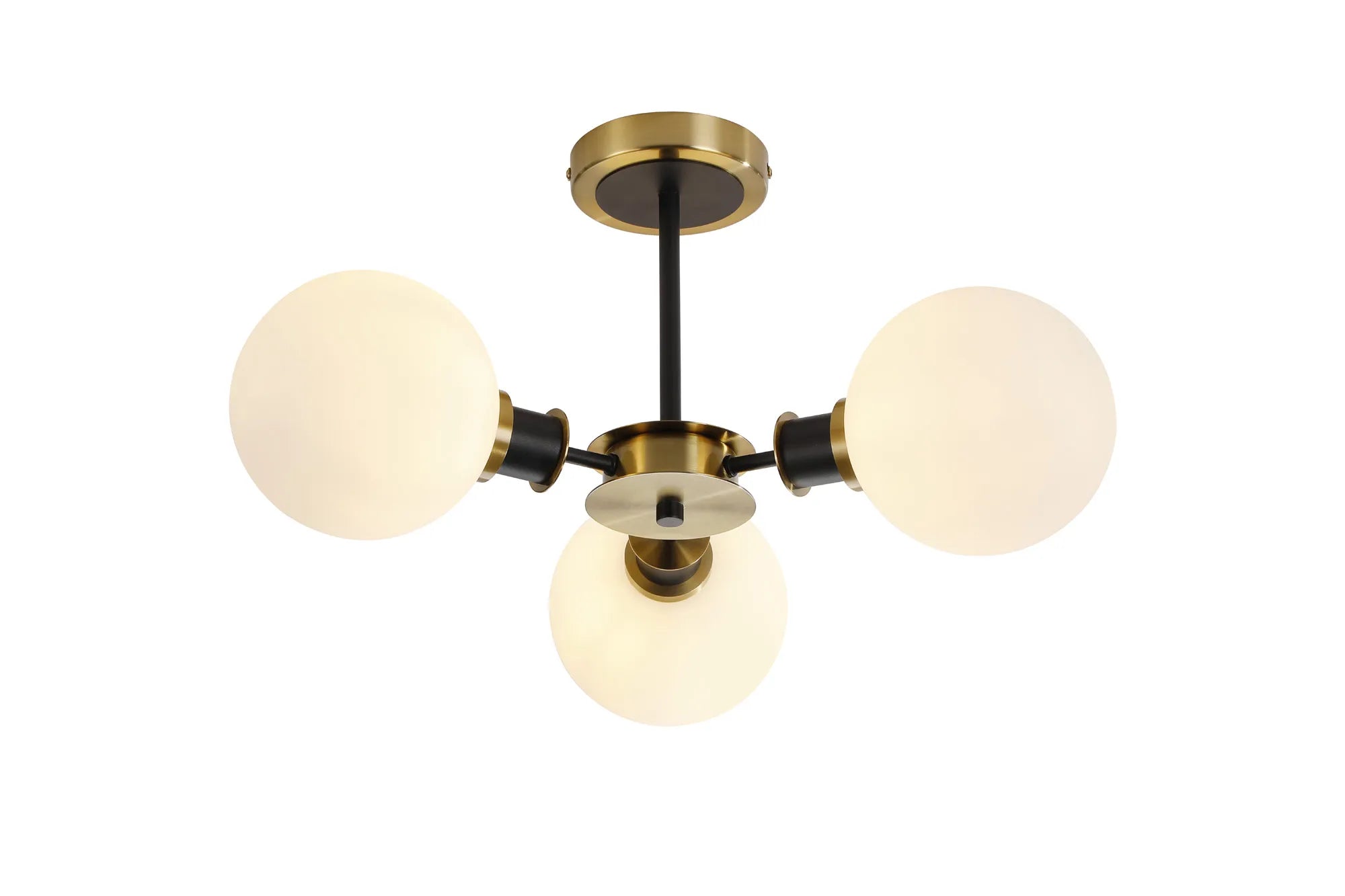 Sycamore Semi Ceiliing 3 Light with 15cm Round Glass Shade - Brass, Opal & Satin Black