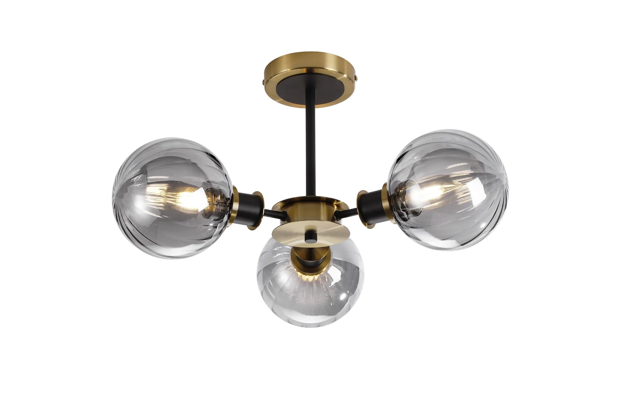 Sycamore Semi Ceiliing 3 Light with 15cm Round Segment Glass Shade - Brass, Smoke Plated & Satin Black