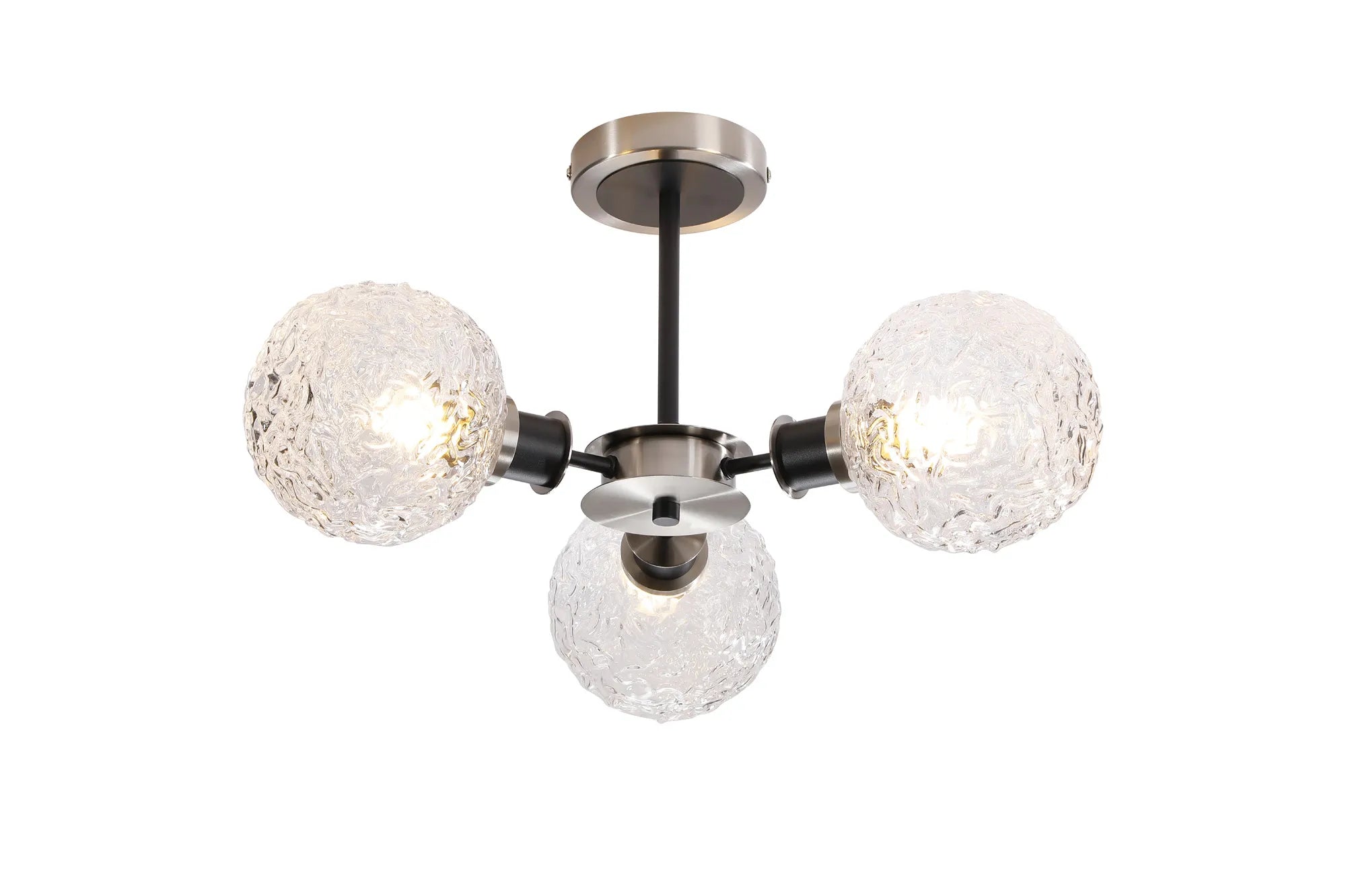 Sycamore Semi Ceiliing 3 Light with 15cm Round Textured Crumple Glass Shade - Satin Nickel, Clear & Satin Black