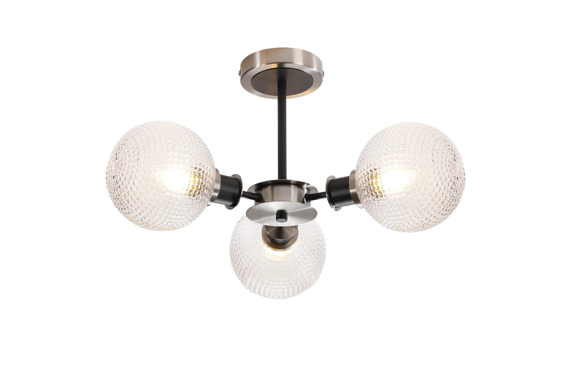 Sycamore Semi Ceiliing 3 Light with 15cm Round Textured Diamond Pattern Glass Shade - Satin Nickel, Clear & Satin Black