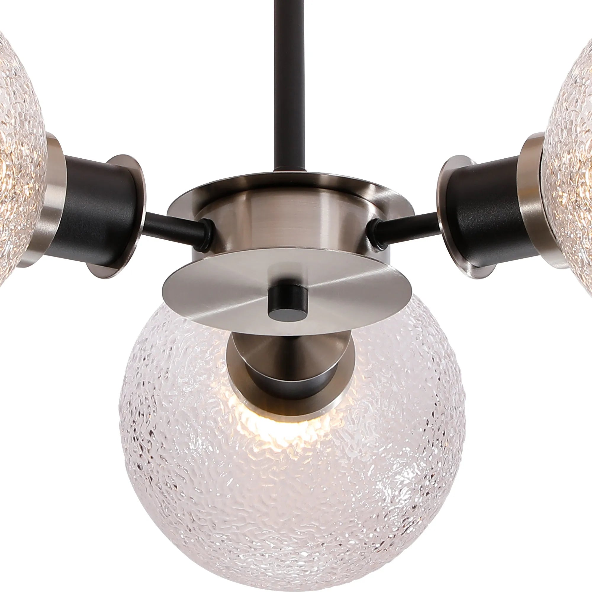 Sycamore Semi Ceiliing 3 Light with 15cm Round Dimpled Glass Shade - Satin Nickel, Clear & Satin Black