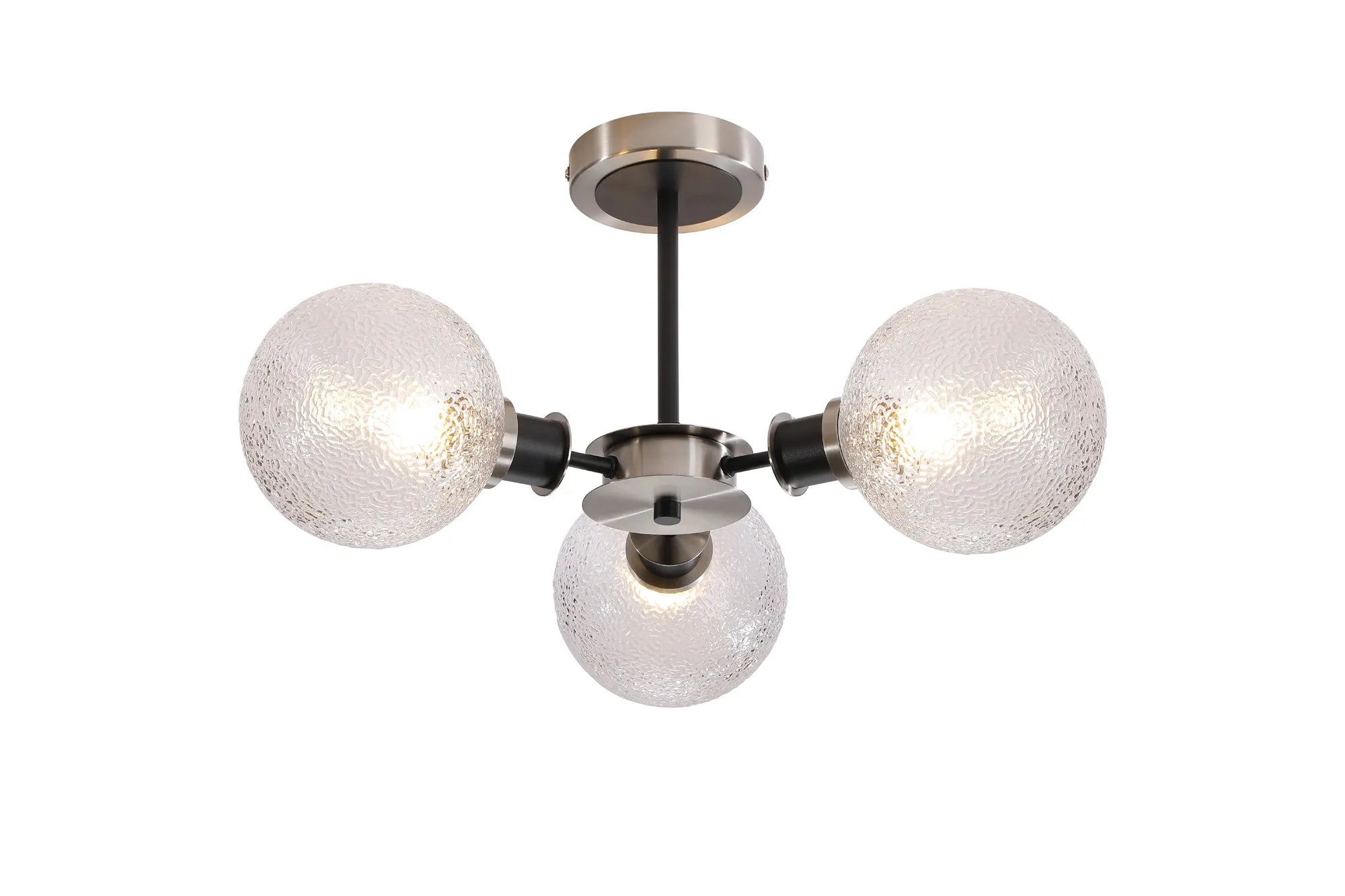 Sycamore Semi Ceiliing 3 Light with 15cm Round Dimpled Glass Shade - Satin Nickel, Clear & Satin Black