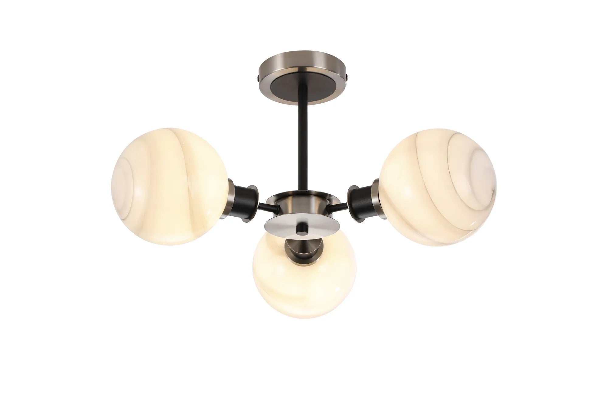 Sycamore Semi Ceiliing 3 Light with 15cm Round Marble Effect Glass Shade - Satin Nickel, White & Satin Black
