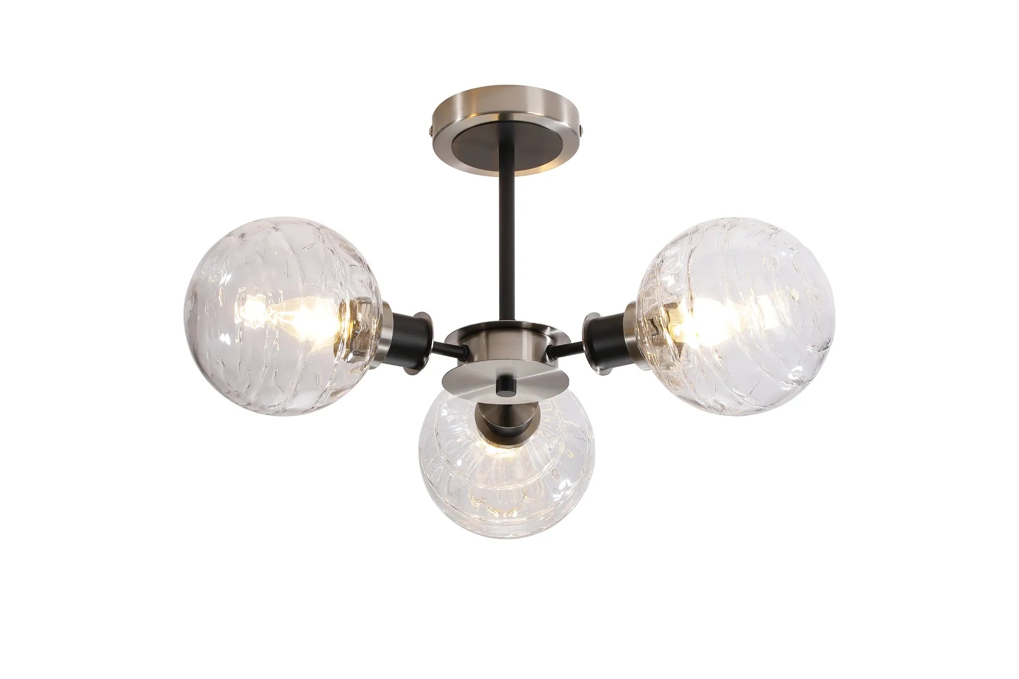 Sycamore Semi Ceiliing 3 Light with 15cm Round Textured Melting Glass Shade - Satin Nickel, Clear & Satin Black