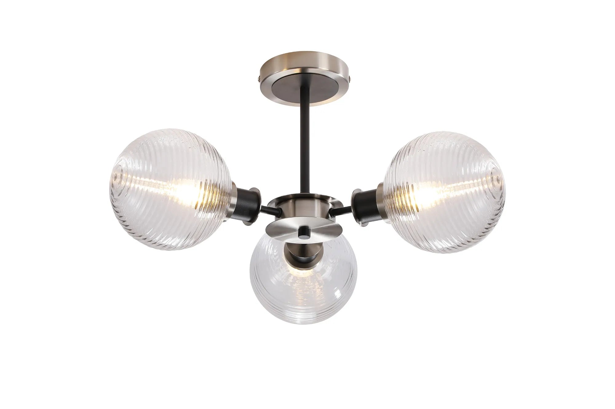Sycamore Semi Ceiliing 3 Light with 15cm Round Ribbed Glass Shade - Satin Nickel, Clear & Satin Black