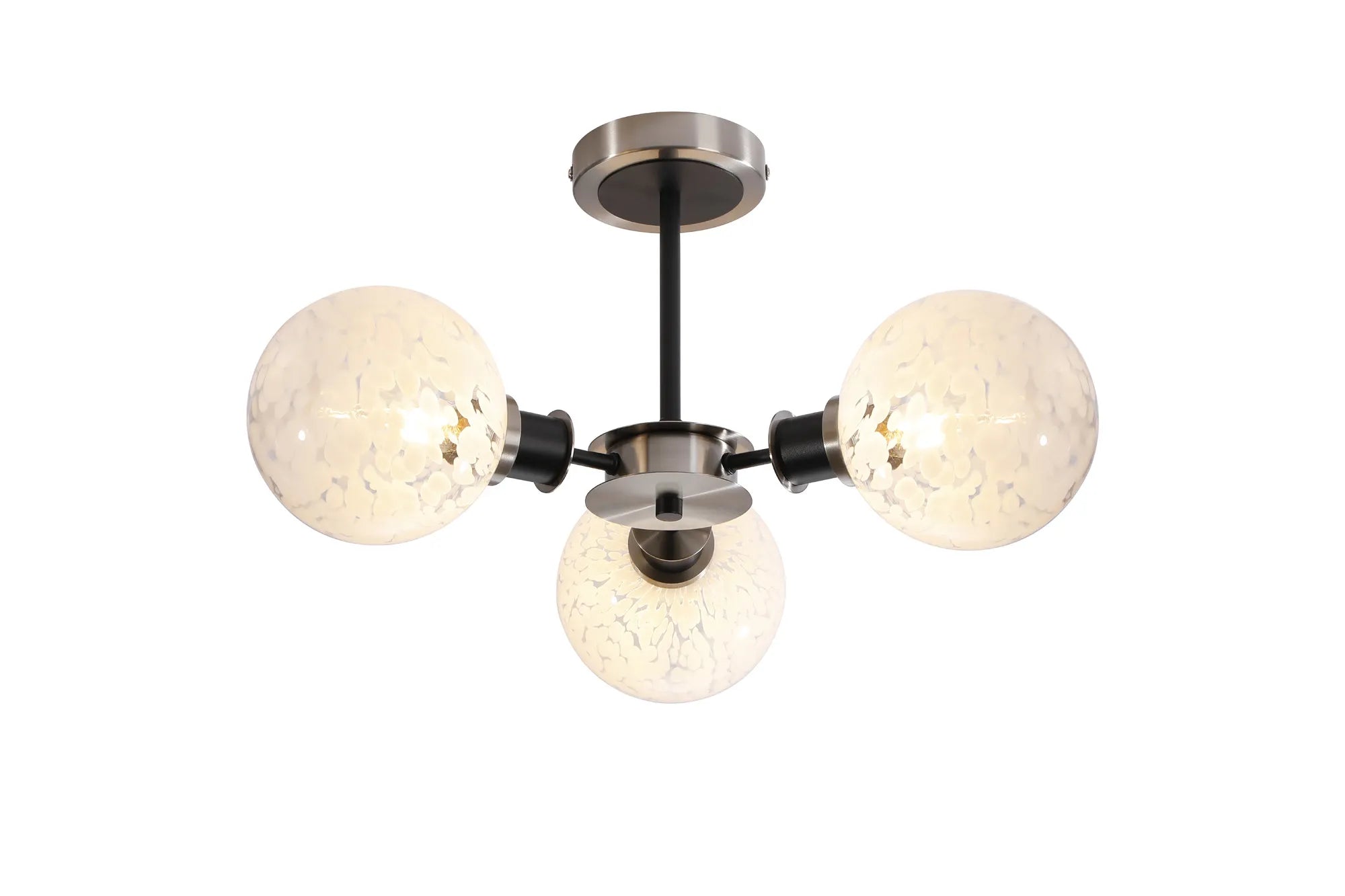 Sycamore Semi Ceiliing 3 Light with 15cm Round Speckled Glass Shade - Satin Nickel, White & Satin Black