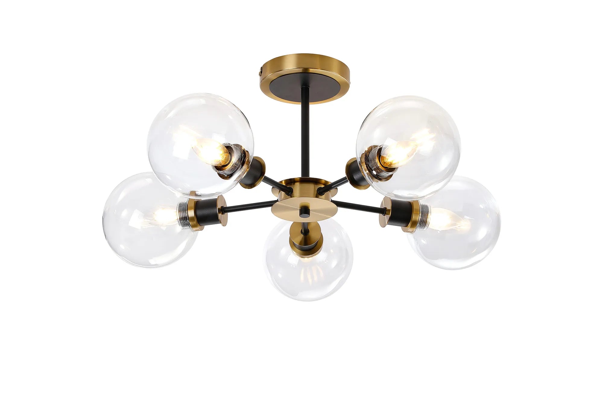 Sycamore Semi Ceiliing 5 Light with 15cm Round Glass Shade - Brass, Clear & Satin Black