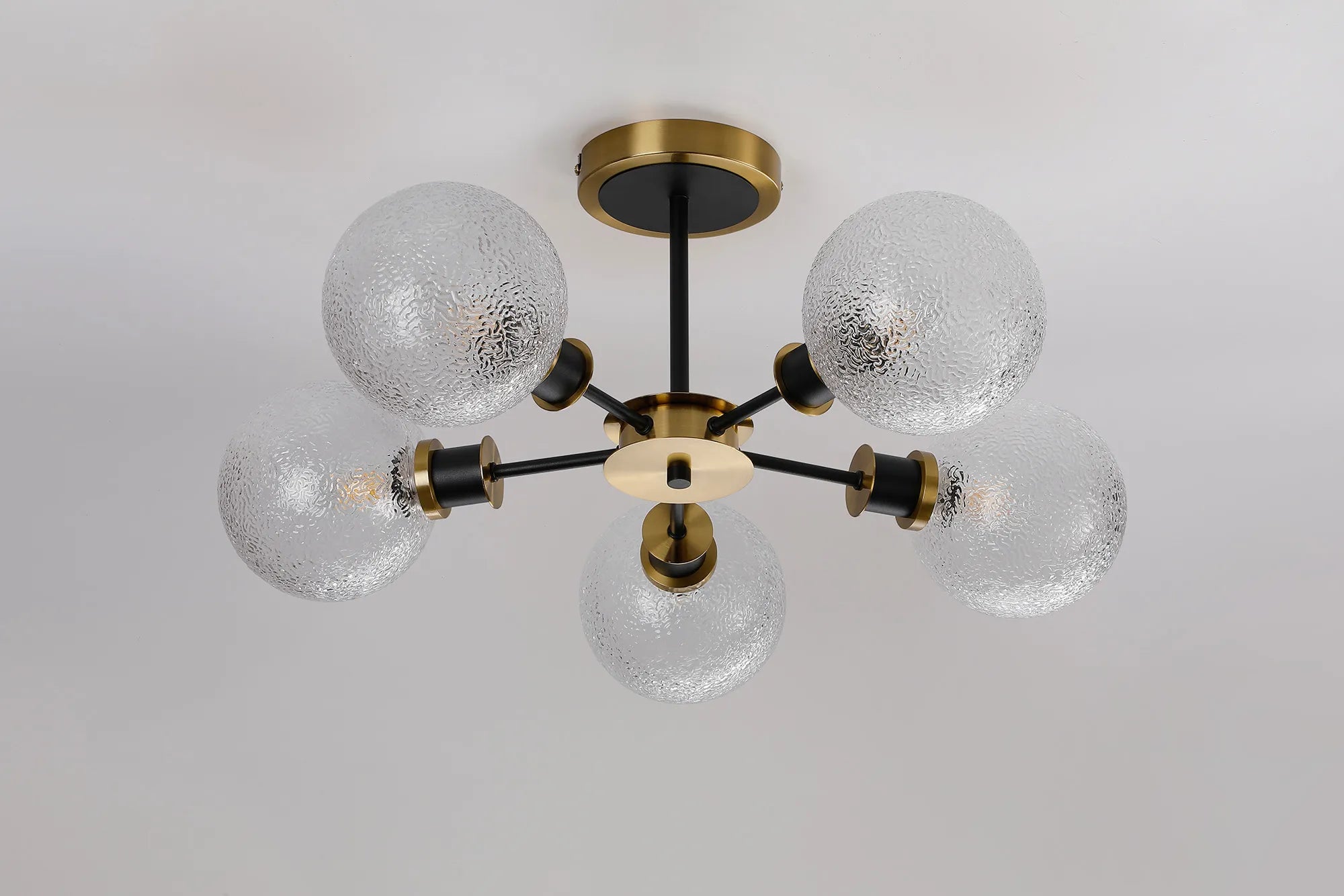 Sycamore Semi Ceiliing 5 Light with 15cm Round Dimpled Glass Shade - Brass, Clear & Satin Black