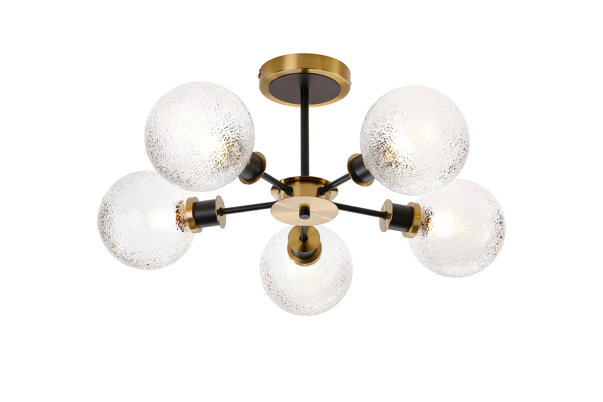 Sycamore Semi Ceiliing 5 Light with 15cm Round Dimpled Glass Shade - Brass, Clear & Satin Black