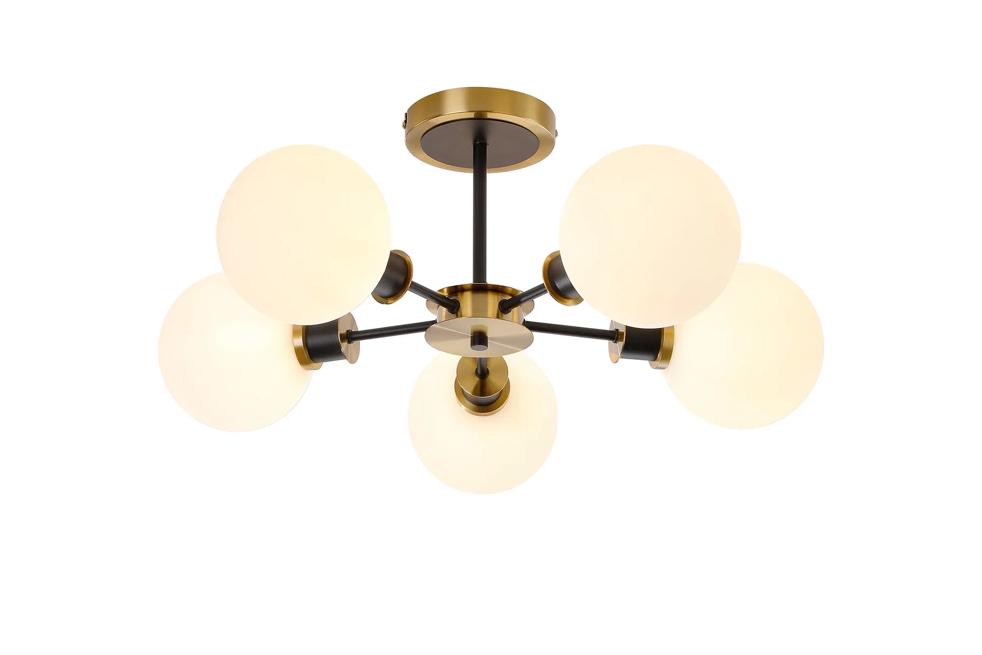 Sycamore Semi Ceiliing 5 Light with 15cm Round Glass Shade - Brass, Opal & Satin Black