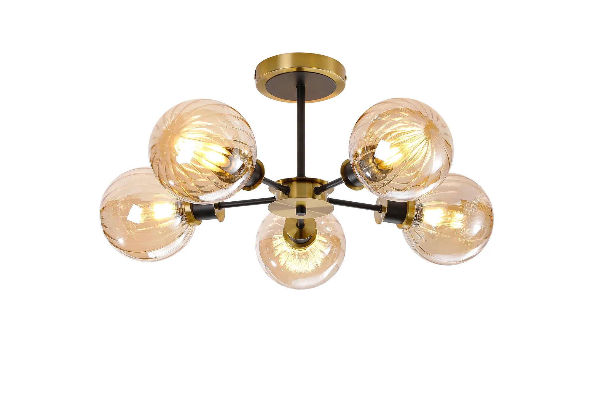 Sycamore Semi Ceiliing 5 Light with 15cm Round Segment Glass Shade - Brass, Amber Plated & Satin Black