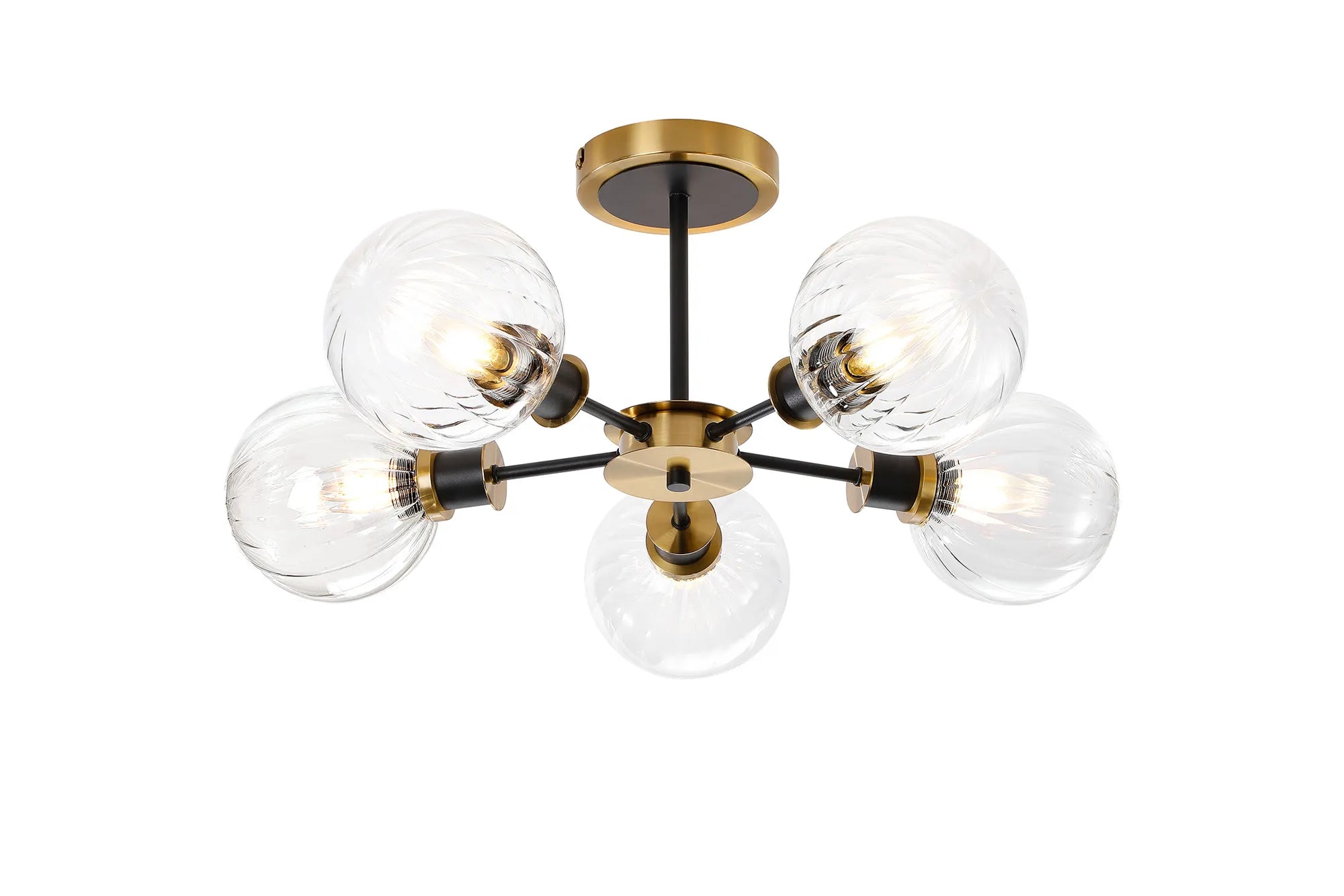 Sycamore Semi Ceiliing 5 Light with 15cm Round Segment Glass Shade - Brass, Clear & Satin Black
