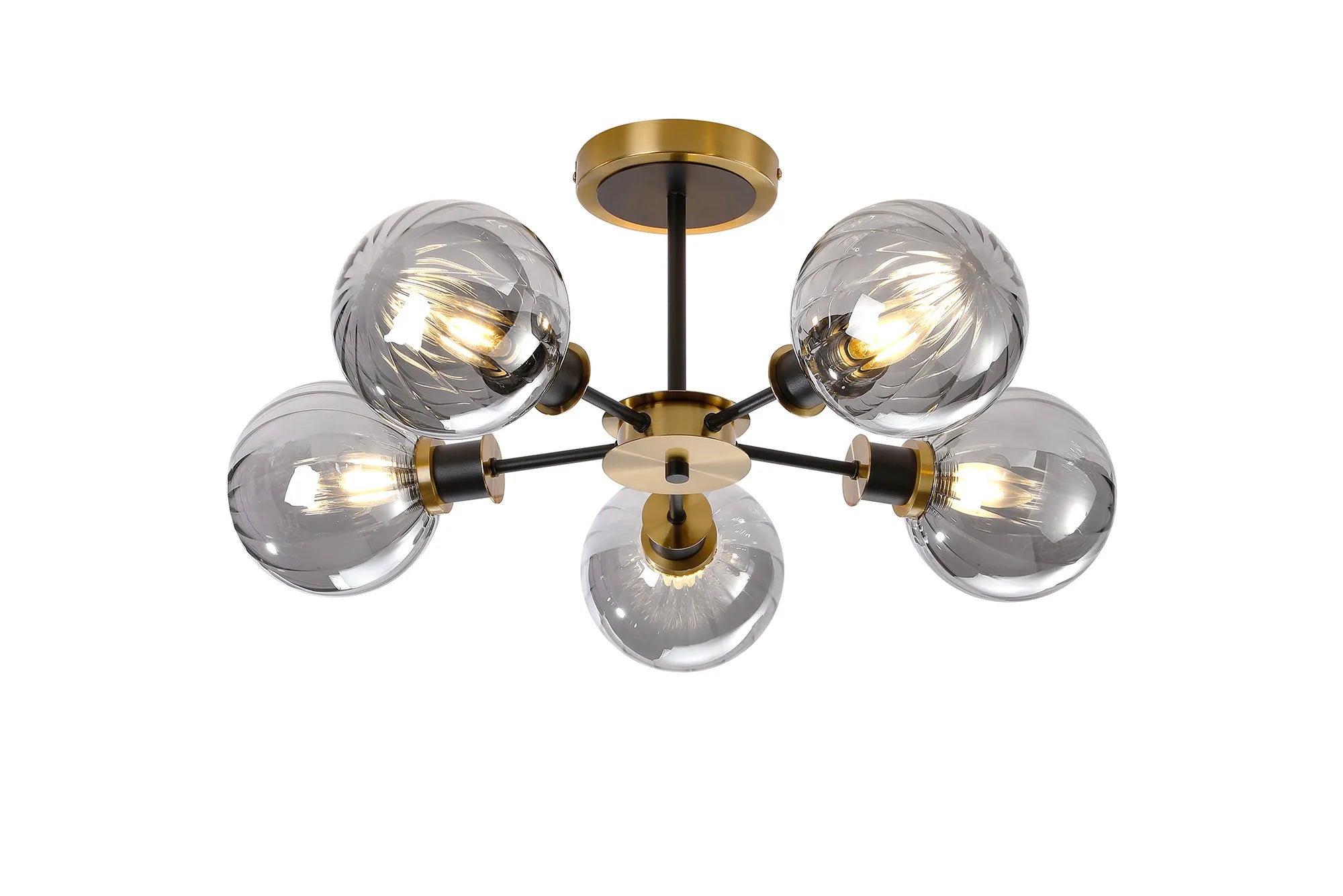 Sycamore Semi Ceiliing 5 Light with 15cm Round Segment Glass Shade - Brass, Smoke Plated & Satin Black