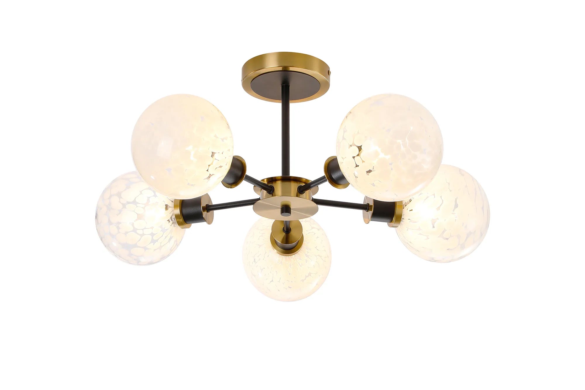 Sycamore Semi Ceiliing 5 Light with 15cm Round Speckled Glass Shade - Brass, White & Satin Black
