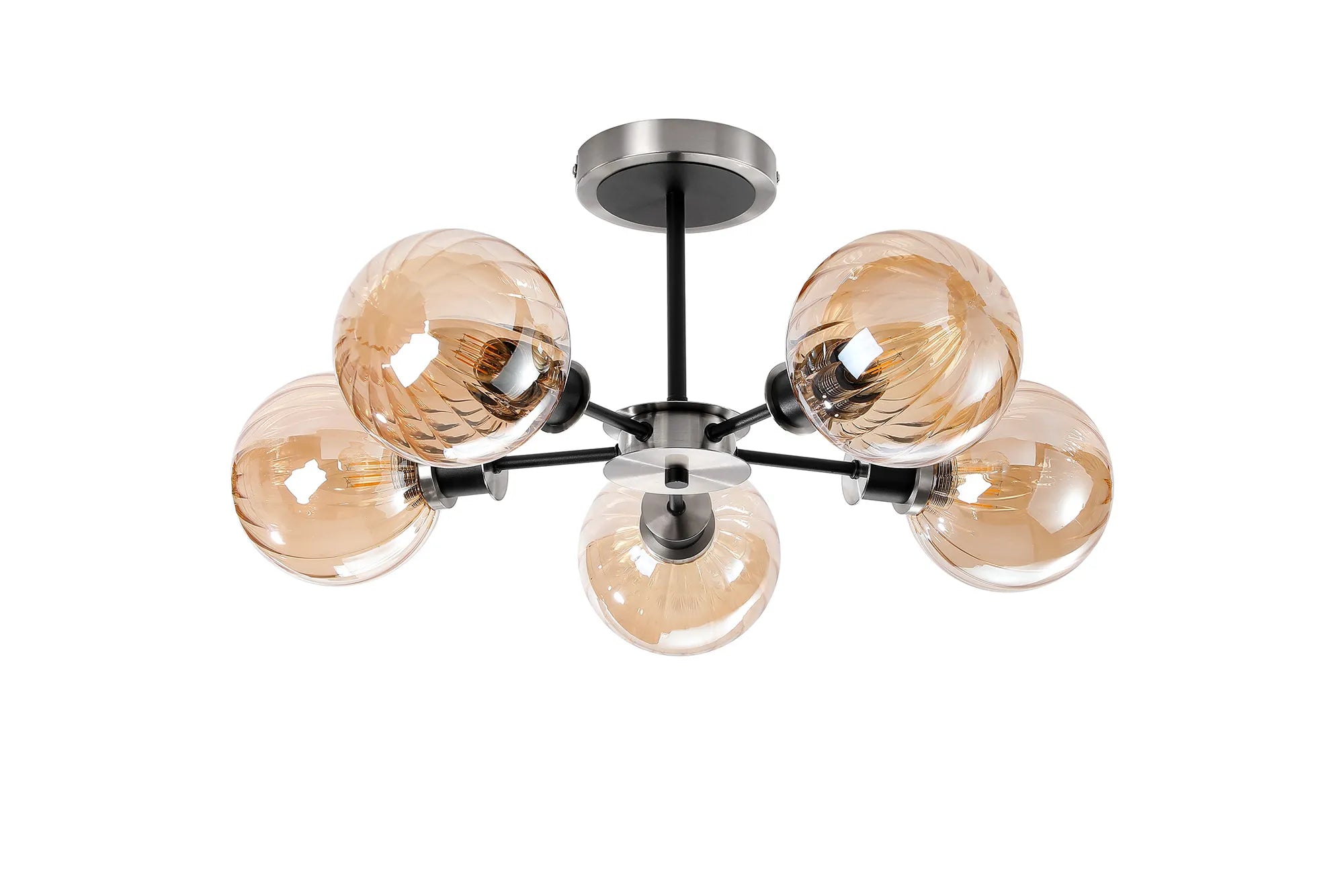 Sycamore Semi Ceiliing 5 Light with 15cm Round Segment Glass Shade - Satin Nickel, Amber Plated & Satin Black