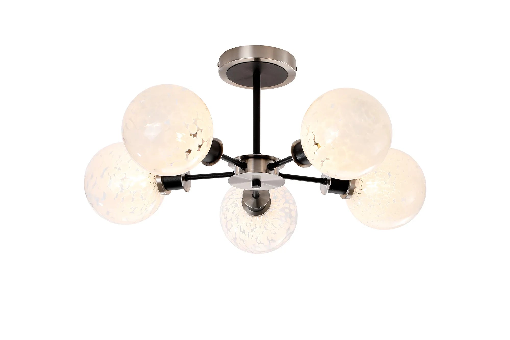 Sycamore Semi Ceiliing 5 Light with 15cm Round Speckled Glass Shade - Satin Nickel, White & Satin Black