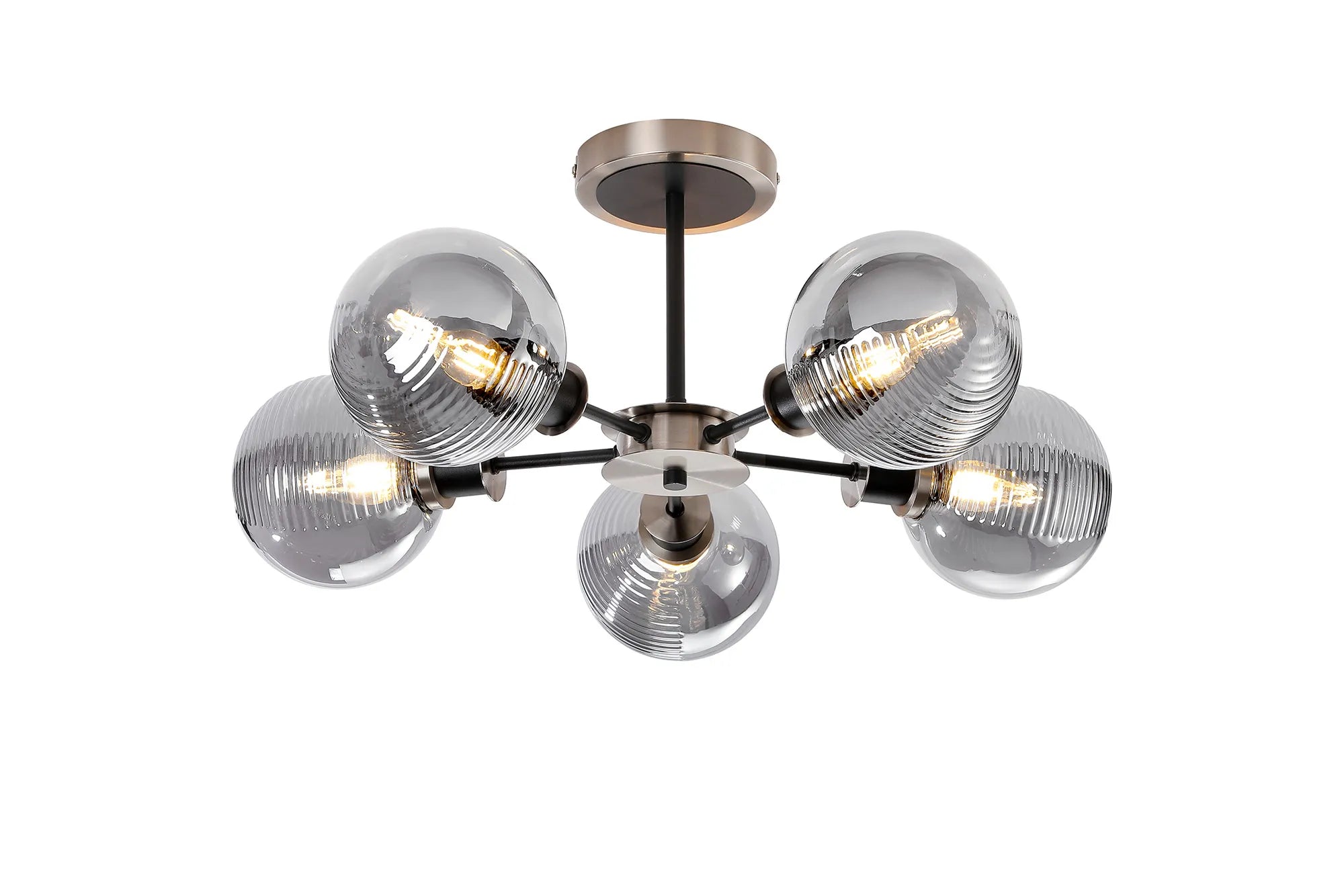 Sycamore Semi Ceiliing 5 Light with 15cm Round Double Textured Smooth & Ribbed Glass Shade - Satin Nickel, Smoke Plated & Satin Black