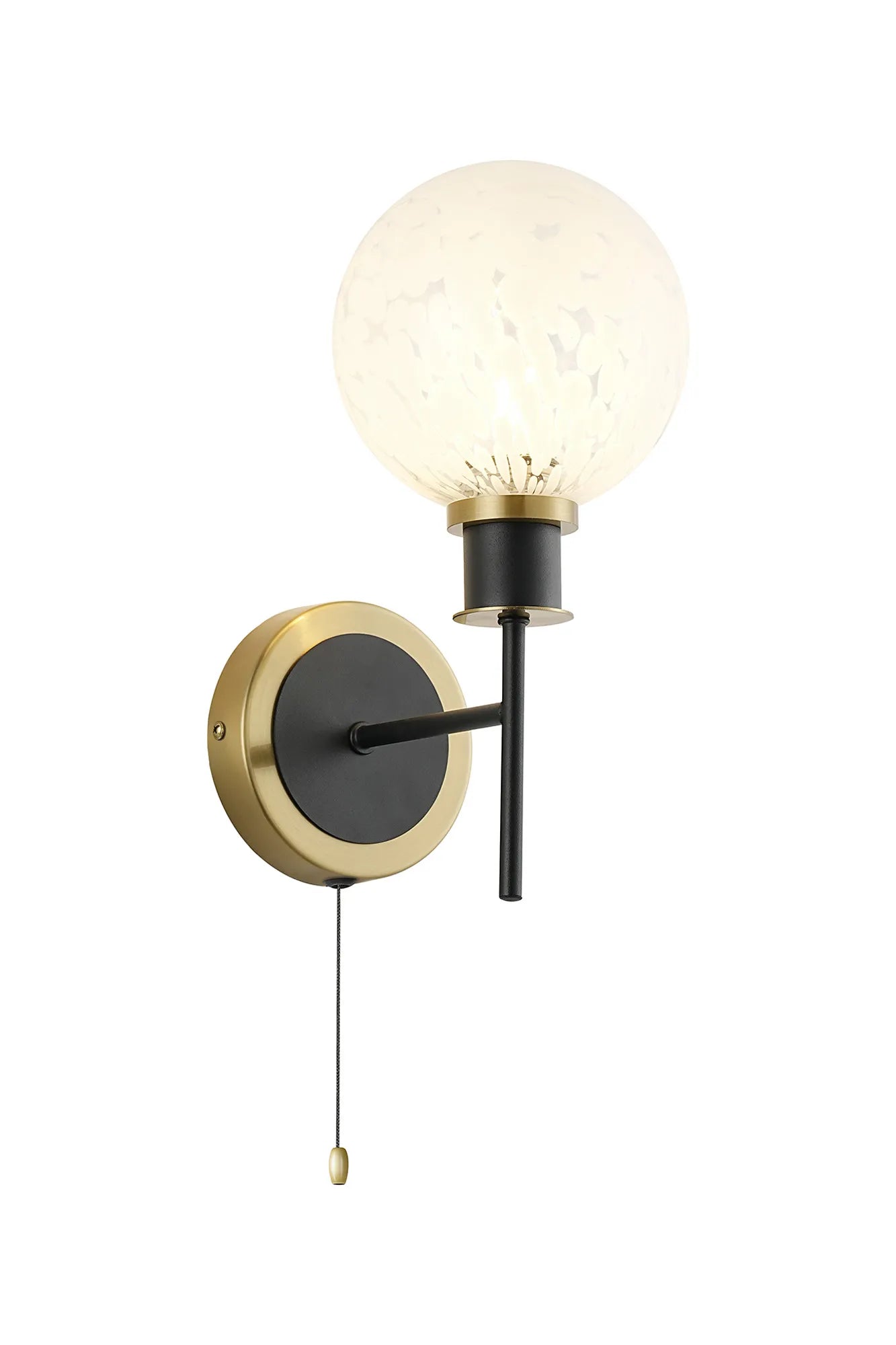 Sycamore Switched Wall Light with 15cm Round Speckled Glass Shade - Brass, White & Satin Black