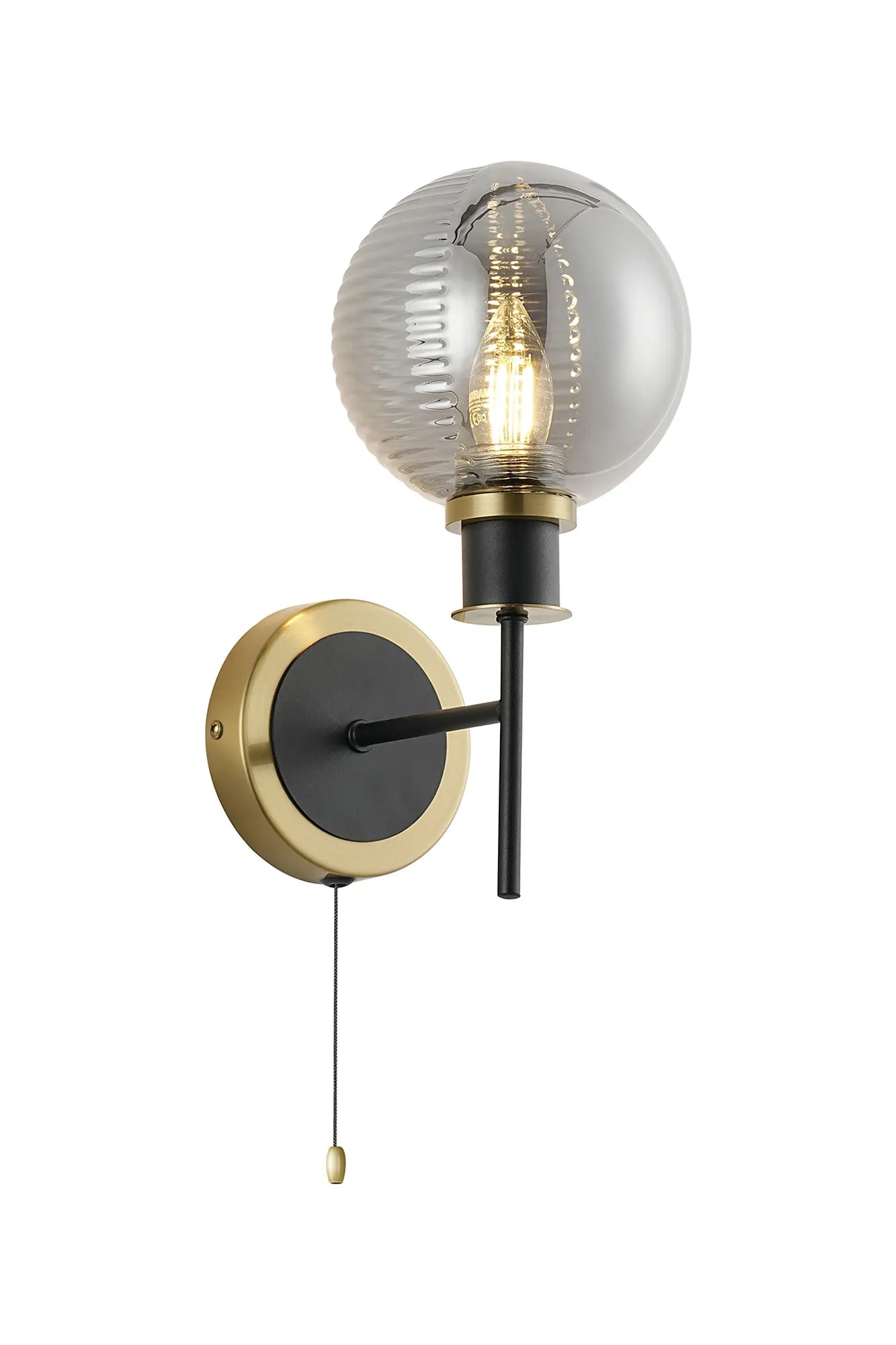 Sycamore Switched Wall Light with 15cm Round Double Textured Smooth & Ribbed Glass Shade - Brass, Smoke Plated & Satin Black