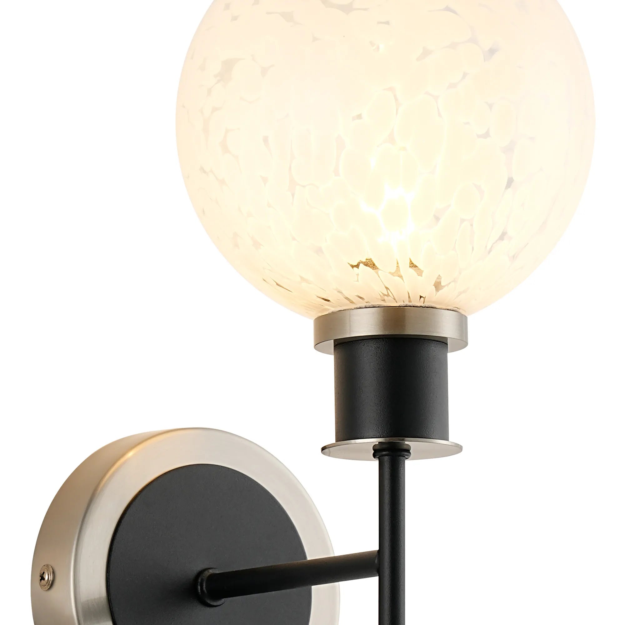 Sycamore Switched Wall Light with 15cm Round Speckled Glass Shade - Satin Nickel, White & Satin Black
