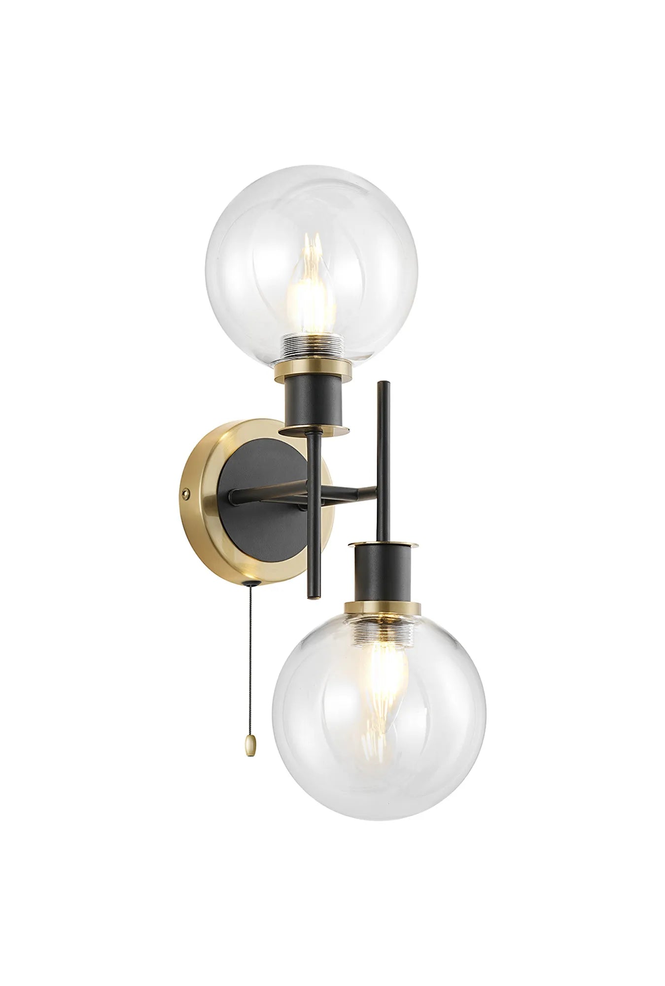 Sycamore Switched Wall Light 2 Light with 15cm Round Glass Shade - Brass, Clear & Satin Black