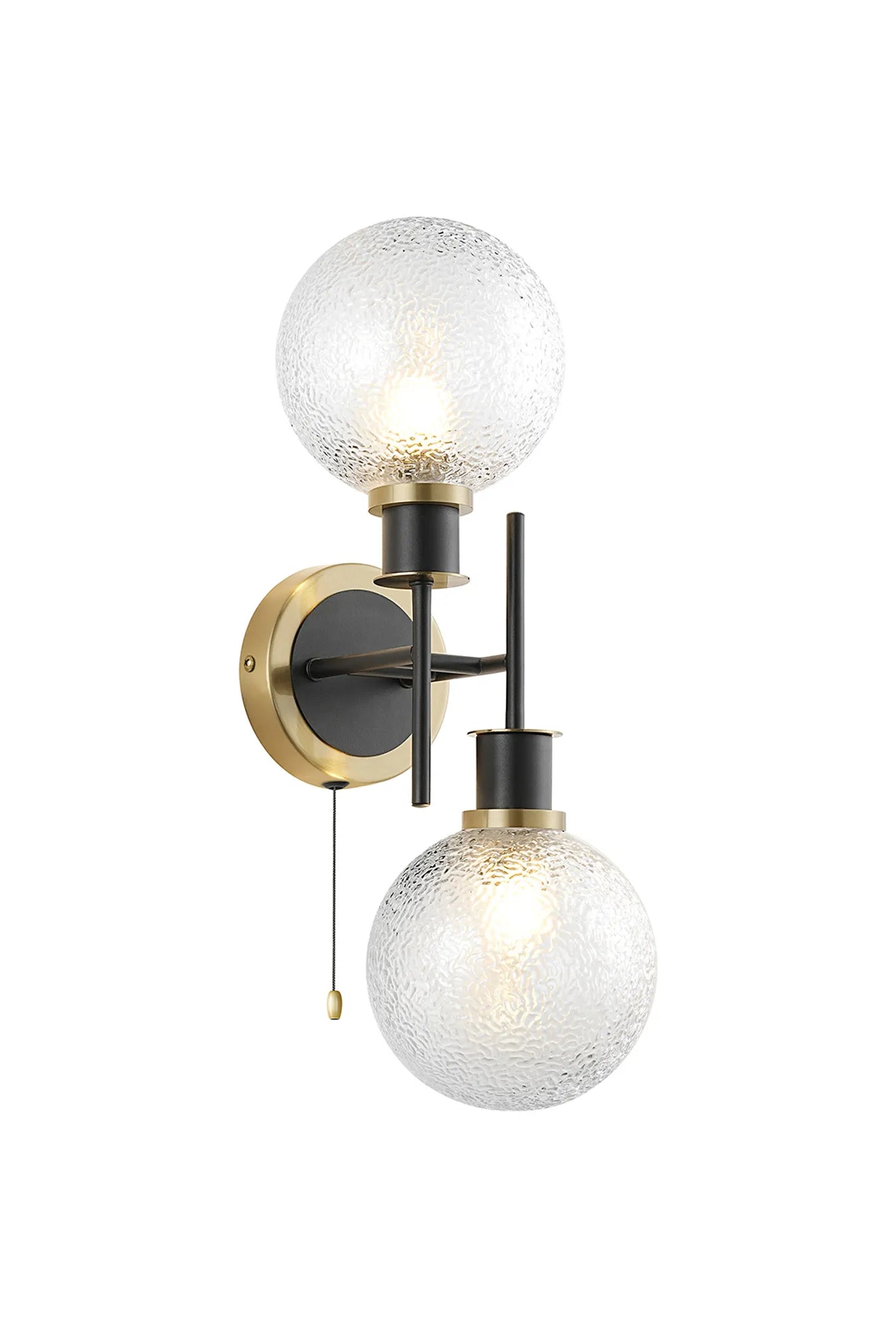 Sycamore Switched Wall Light 2 Light with 15cm Round Dimpled Glass Shade - Brass, Clear & Satin Black