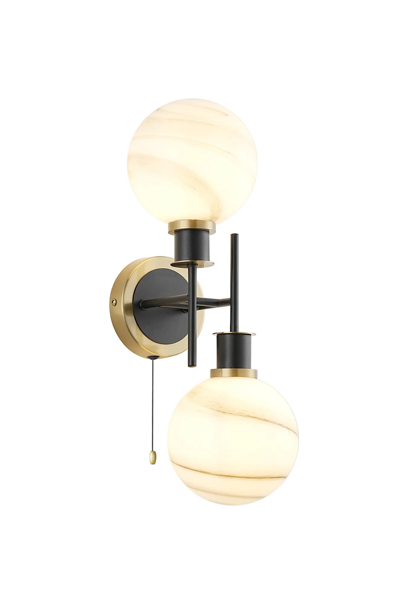Sycamore Switched Wall Light 2 Light with 15cm Round Marble Effect Glass Shade - Brass, White & Satin Black