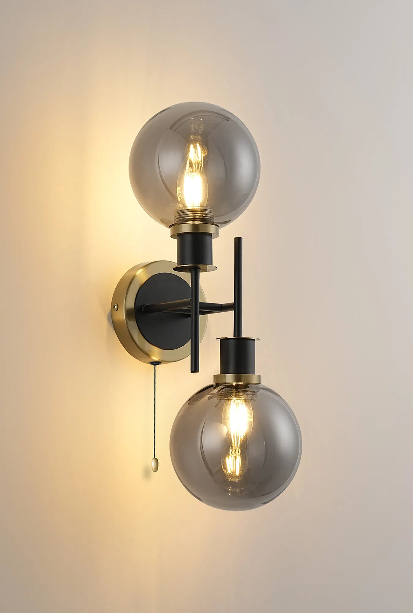 Sycamore Switched Wall Light 2 Light with 15cm Round Glass Shade - Brass, Smoke Plated & Satin Black