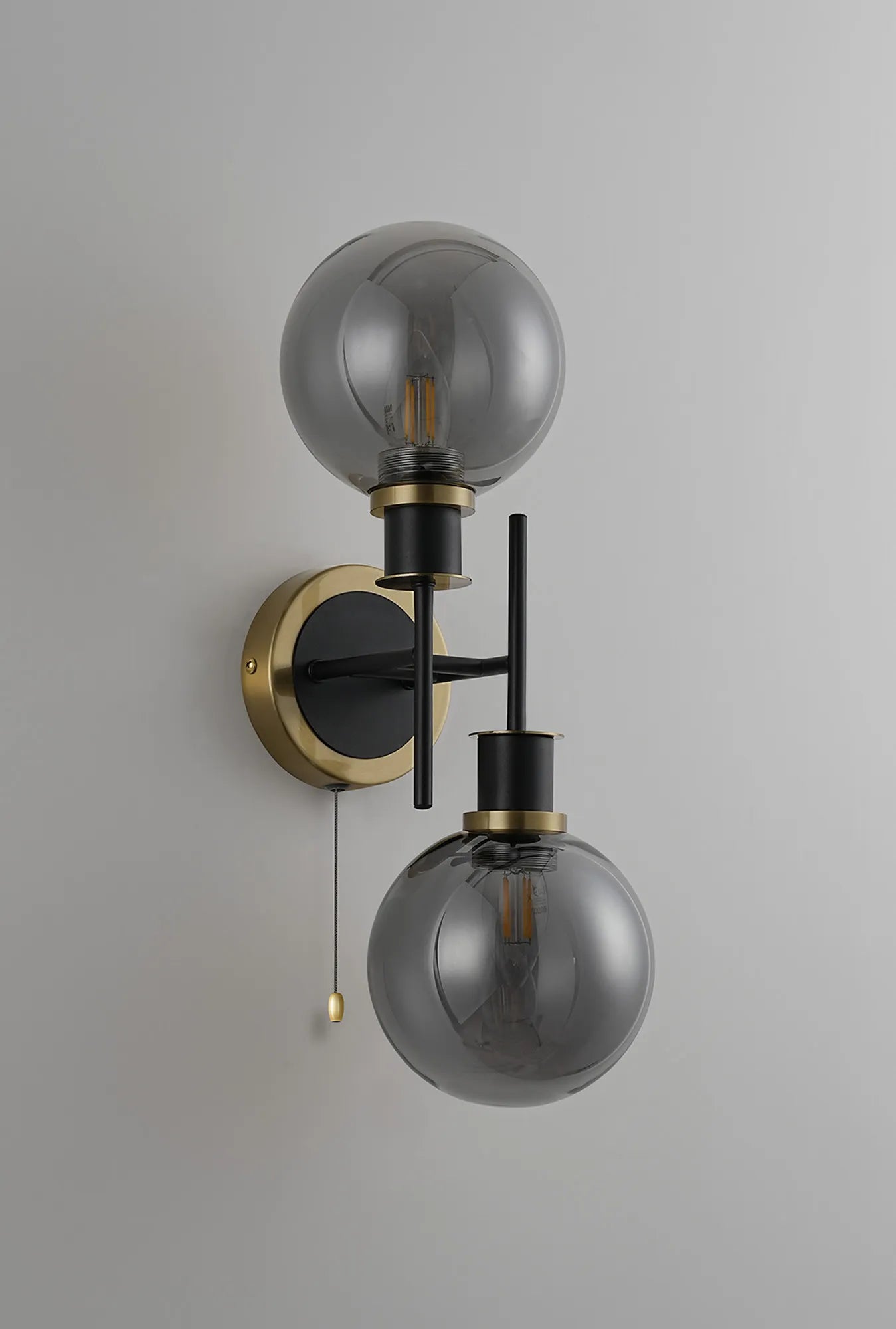 Sycamore Switched Wall Light 2 Light with 15cm Round Glass Shade - Brass, Smoke Plated & Satin Black
