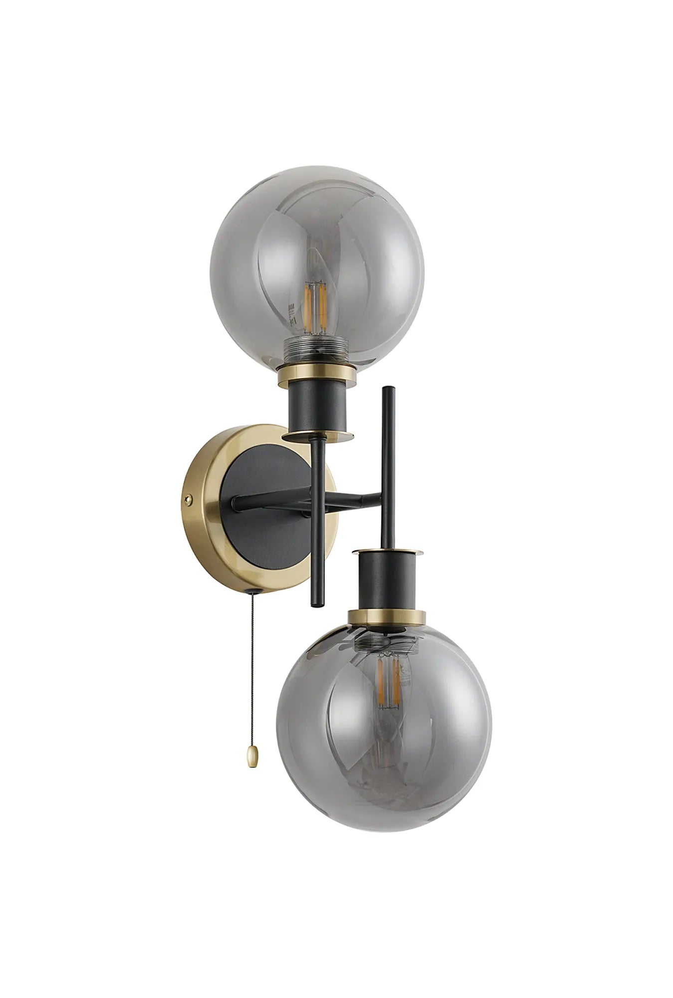 Sycamore Switched Wall Light 2 Light with 15cm Round Glass Shade - Brass, Smoke Plated & Satin Black