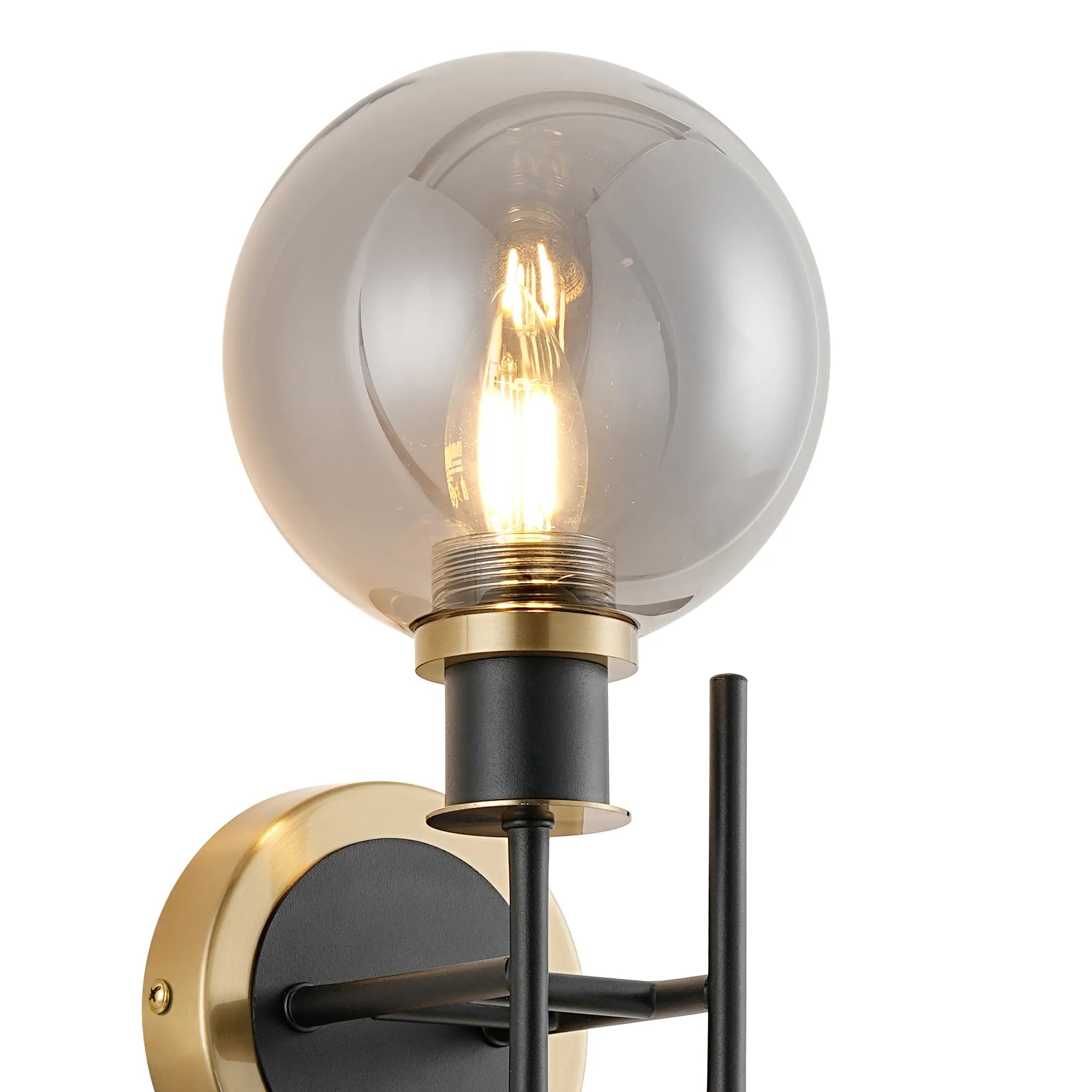 Sycamore Switched Wall Light 2 Light with 15cm Round Glass Shade - Brass, Smoke Plated & Satin Black