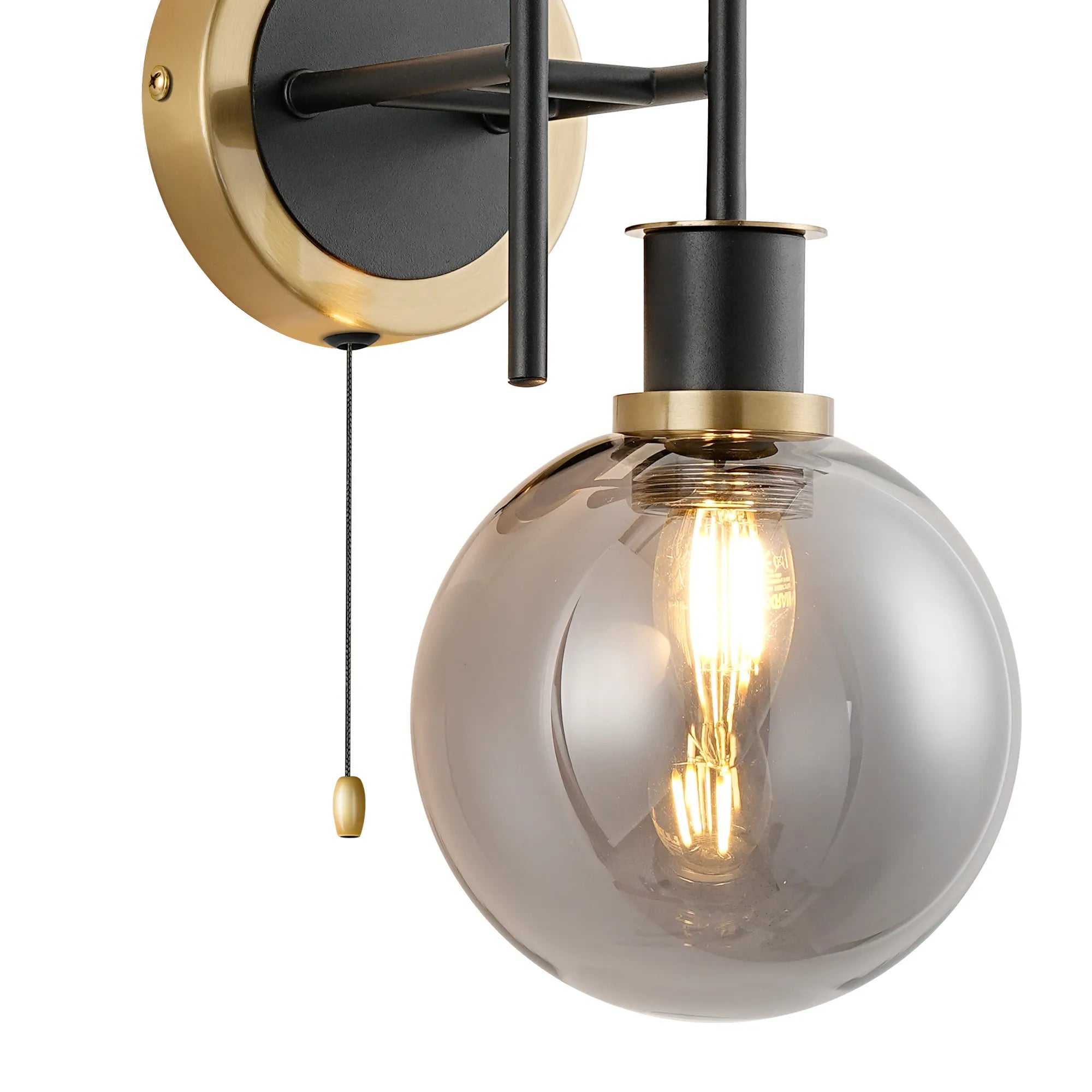 Sycamore Switched Wall Light 2 Light with 15cm Round Glass Shade - Brass, Smoke Plated & Satin Black