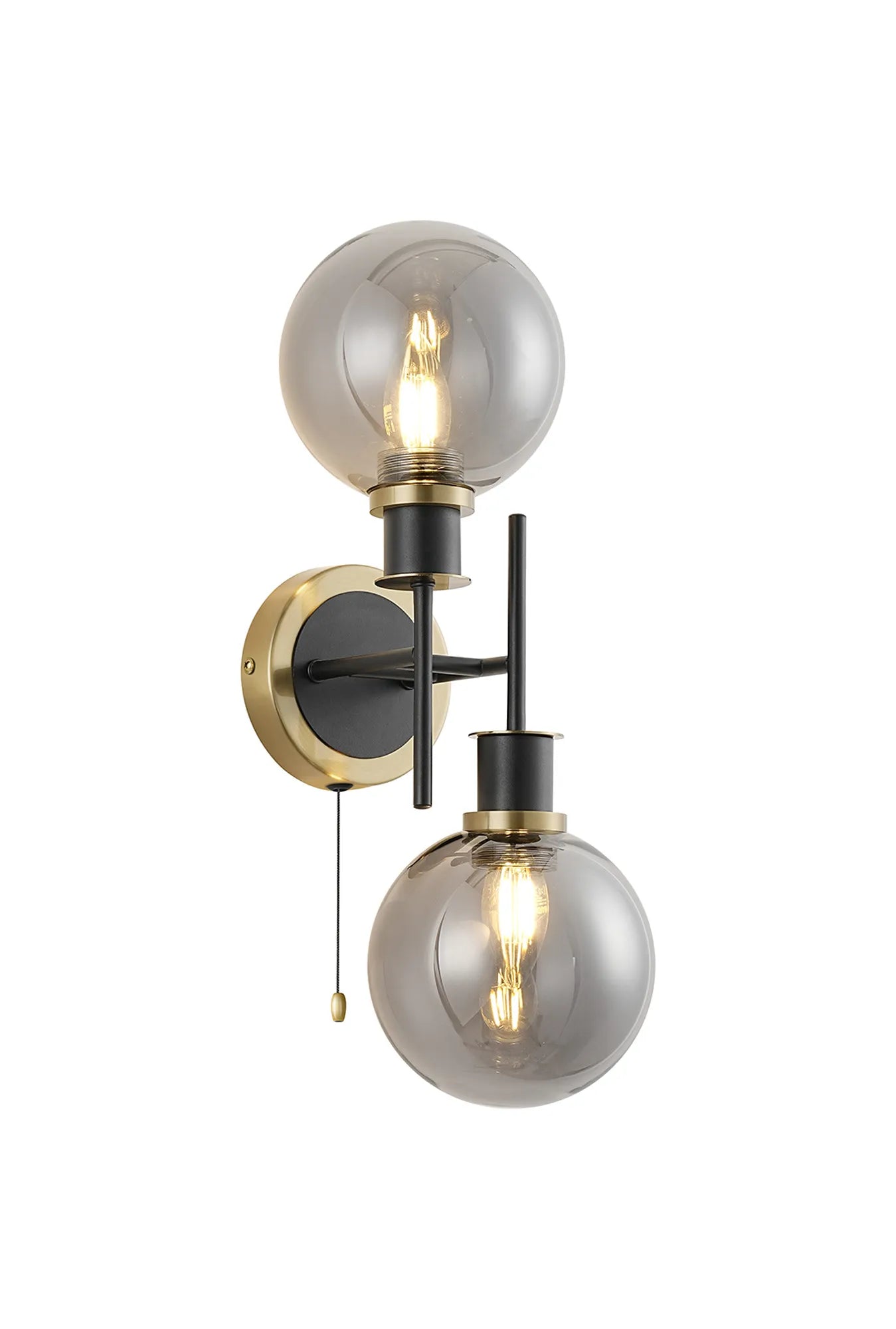 Sycamore Switched Wall Light 2 Light with 15cm Round Glass Shade - Brass, Smoke Plated & Satin Black