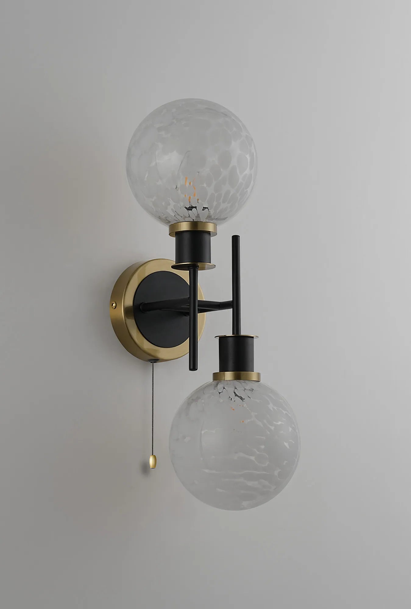 Sycamore Switched Wall Light 2 Light with 15cm Round Speckled Glass Shade - Brass, White & Satin Black
