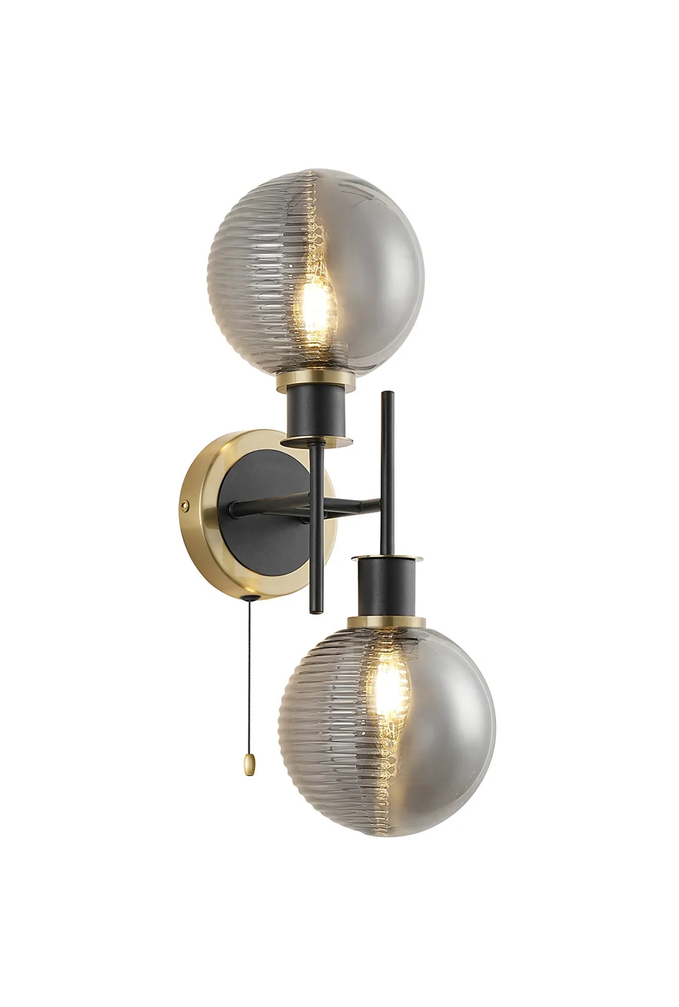 Sycamore Switched Wall Light 2 Light with 15cm Round Double Textured Smooth & Ribbed Glass Shade - Brass, Smoke Plated & Satin Black