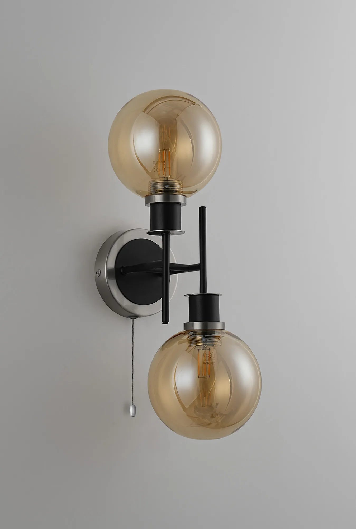 Sycamore Switched Wall Light 2 Light with 15cm Round Glass Shade - Satin Nickel, Amber Plated & Satin Black
