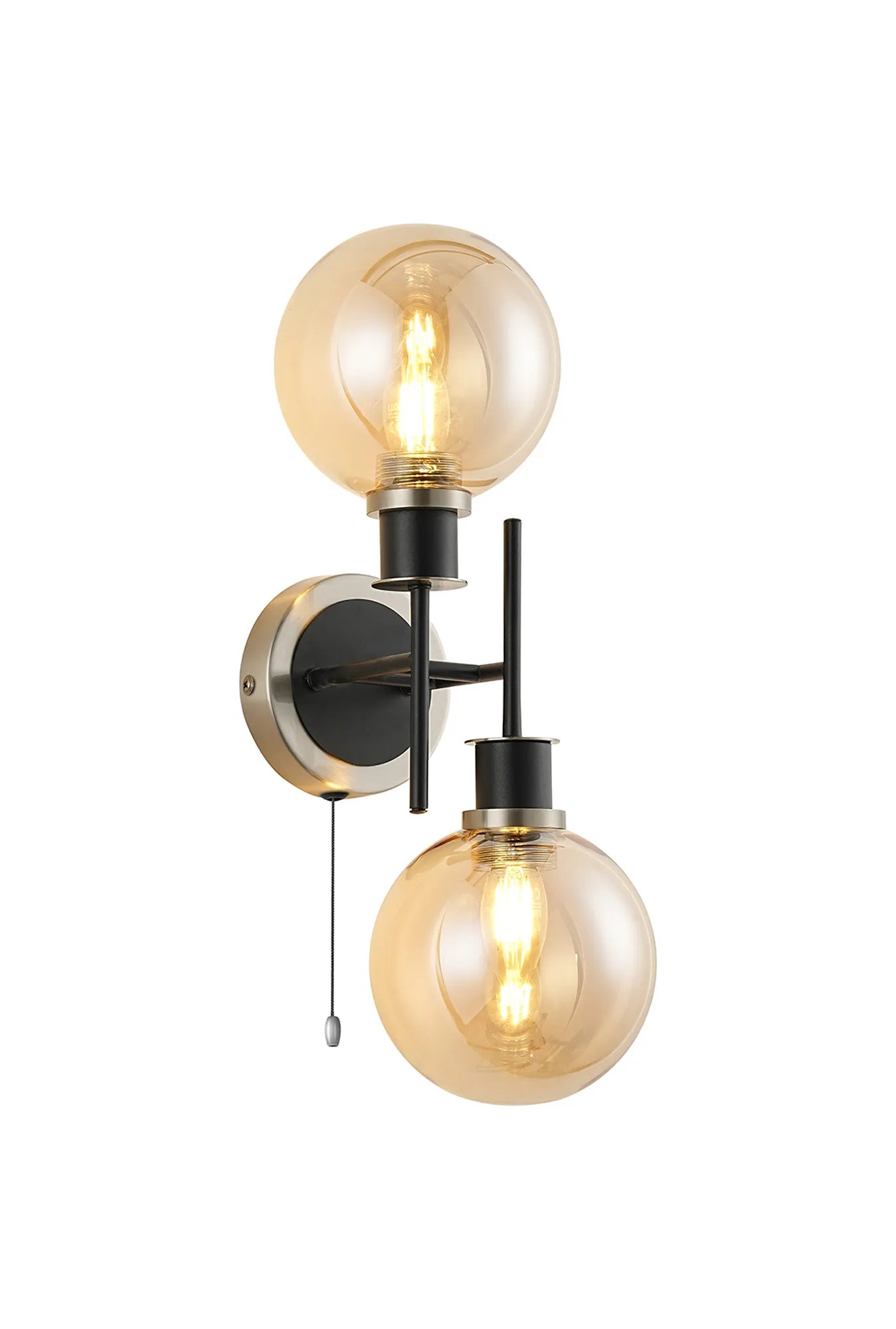 Sycamore Switched Wall Light 2 Light with 15cm Round Glass Shade - Satin Nickel, Amber Plated & Satin Black