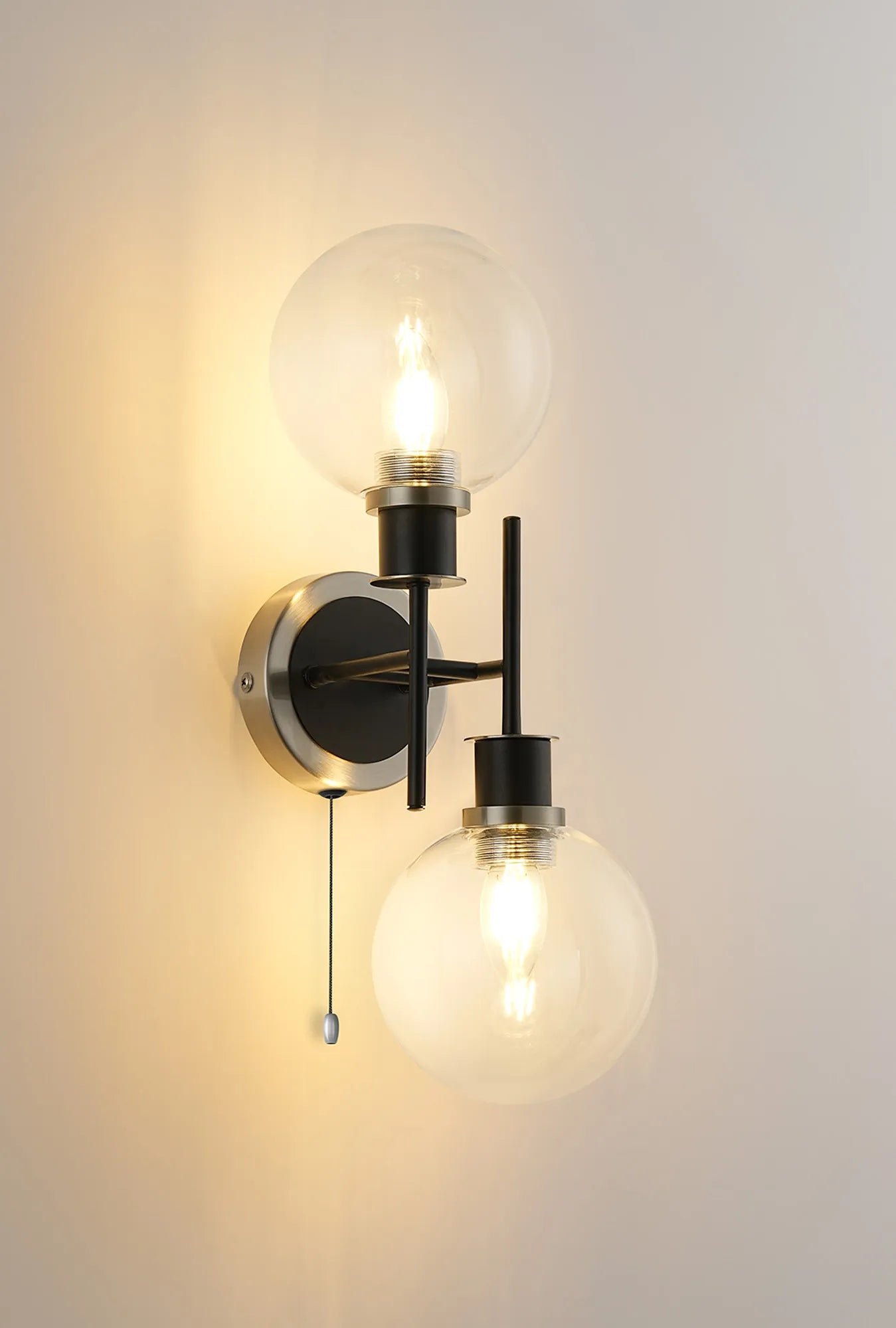 Sycamore Switched Wall Light 2 Light with 15cm Round Glass Shade - Satin Nickel, Clear & Satin Black