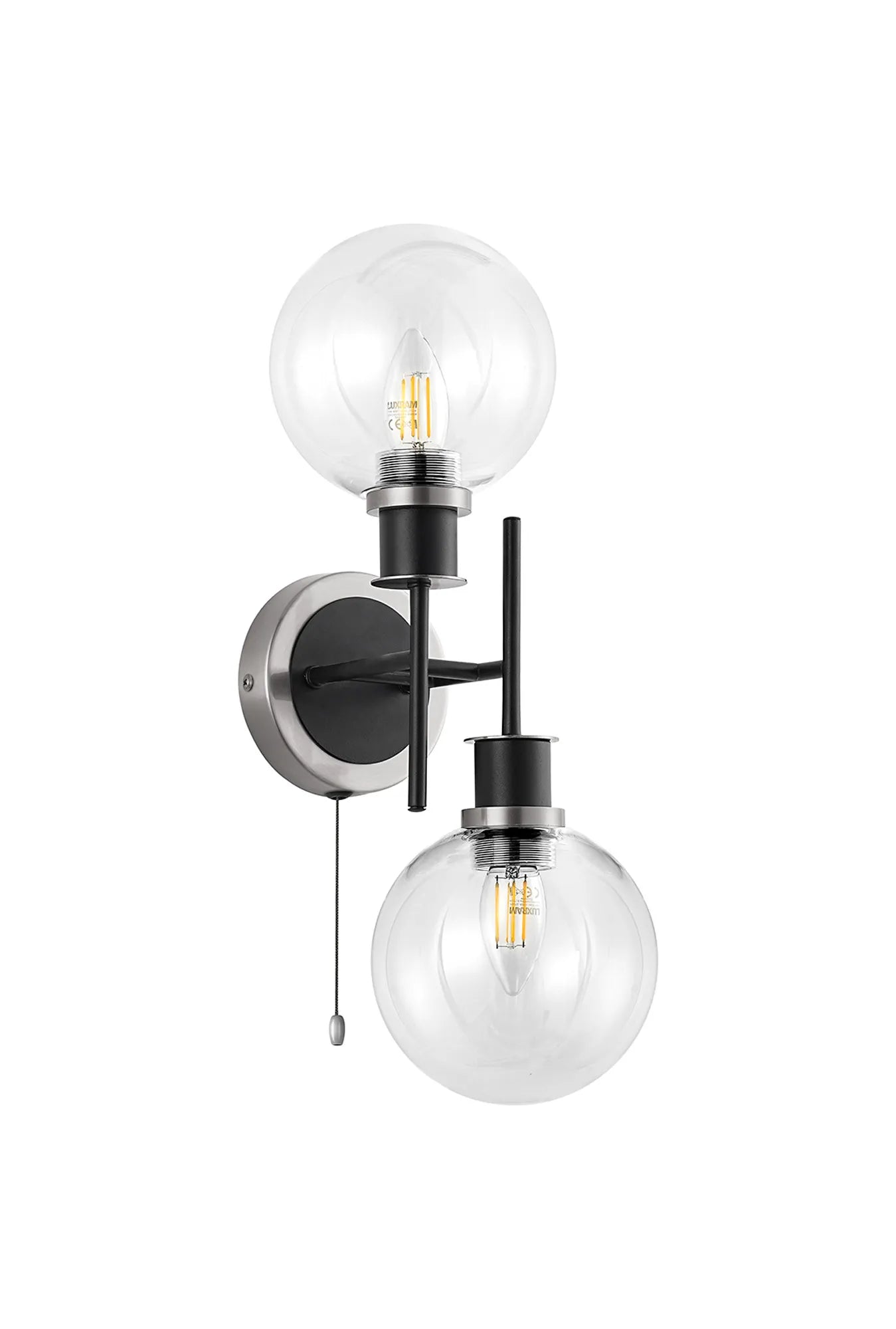 Sycamore Switched Wall Light 2 Light with 15cm Round Glass Shade - Satin Nickel, Clear & Satin Black