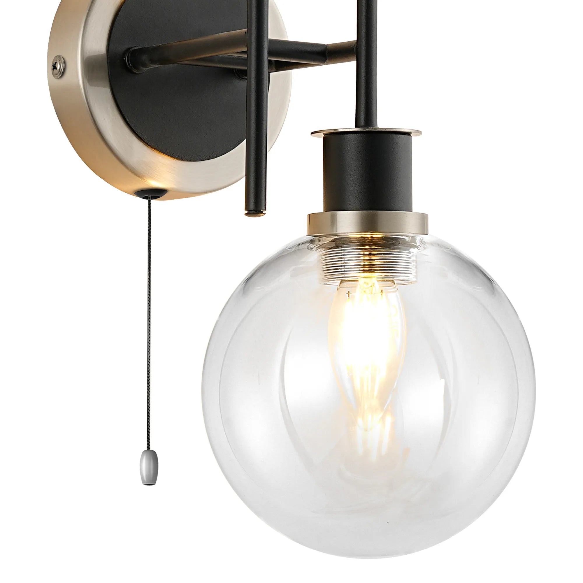 Sycamore Switched Wall Light 2 Light with 15cm Round Glass Shade - Satin Nickel, Clear & Satin Black