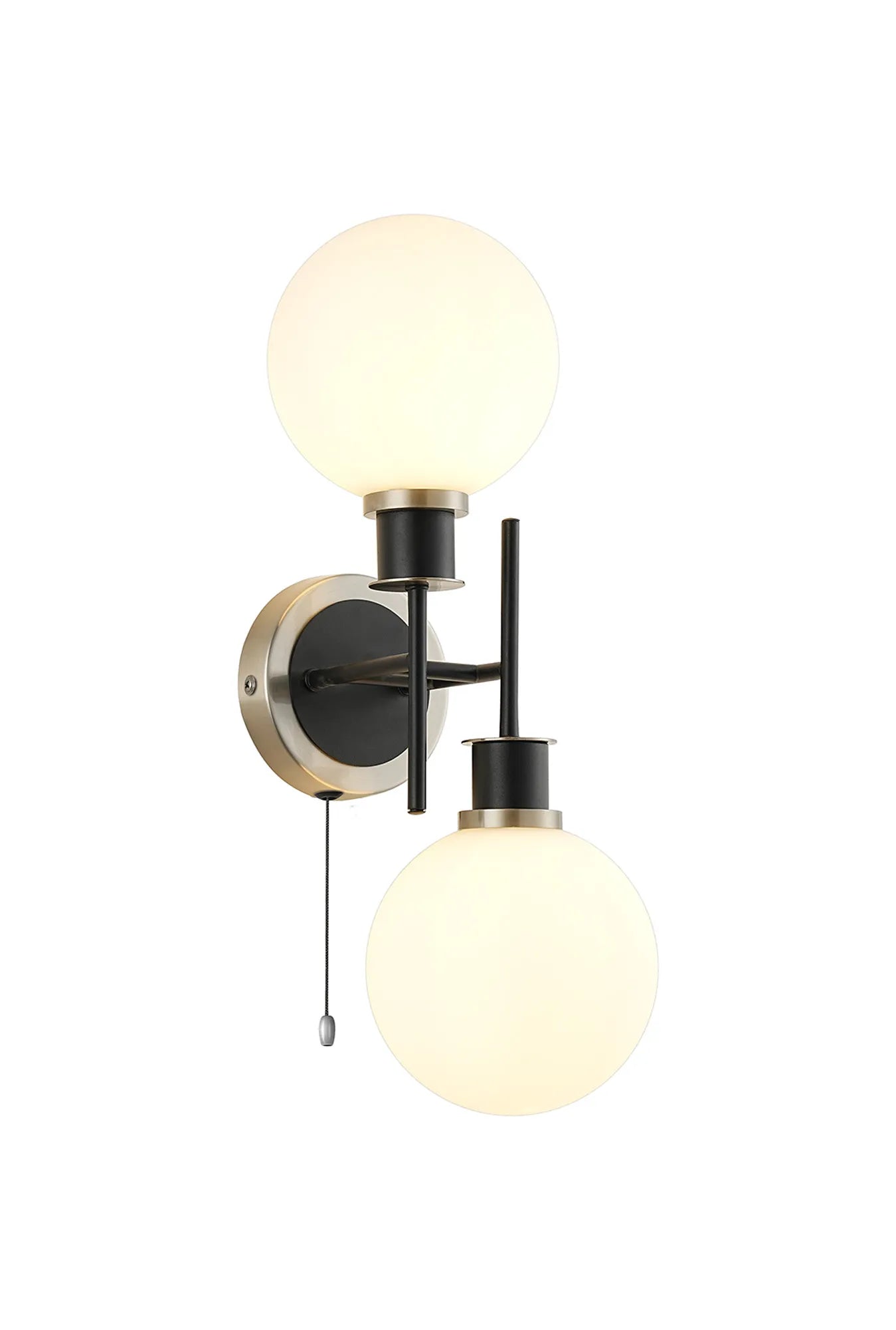 Sycamore Switched Wall Light 2 Light with 15cm Round Glass Shade - Satin Nickel, Opal & Satin Black
