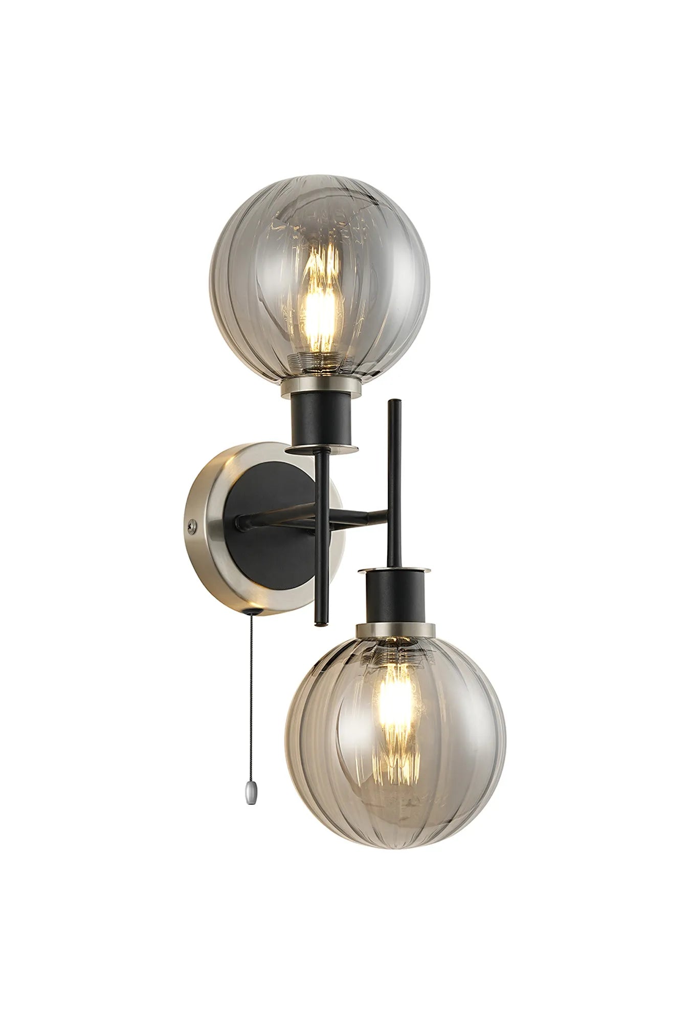Sycamore Switched Wall Light 2 Light with 15cm Round Segment Glass Shade - Satin Nickel, Smoke Plated & Satin Black