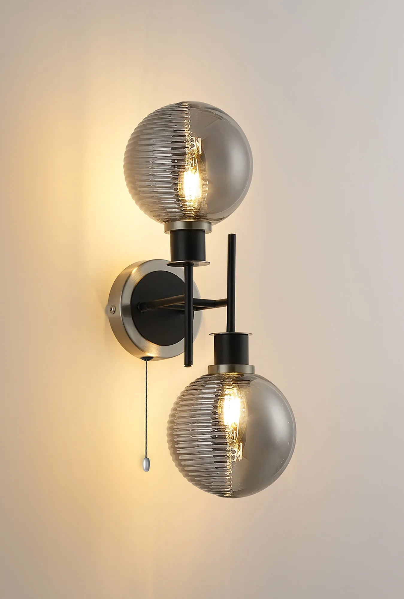 Sycamore Switched Wall Light 2 Light -IP44 with 15cm Round Double Textured Smooth & Ribbed Shade - Satin Nickel, Smoke Plated & Satin Black