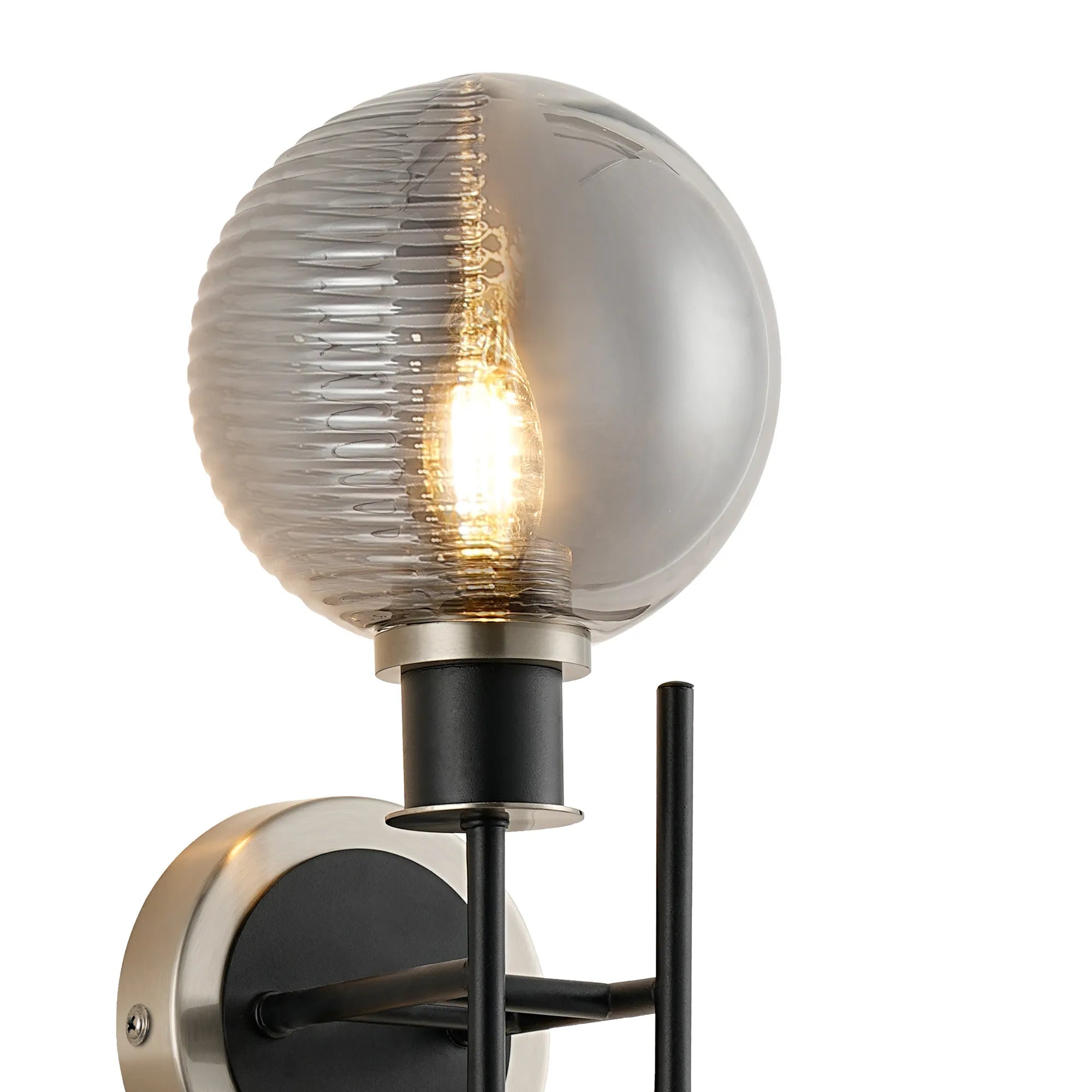 Sycamore Switched Wall Light 2 Light -IP44 with 15cm Round Double Textured Smooth & Ribbed Shade - Satin Nickel, Smoke Plated & Satin Black