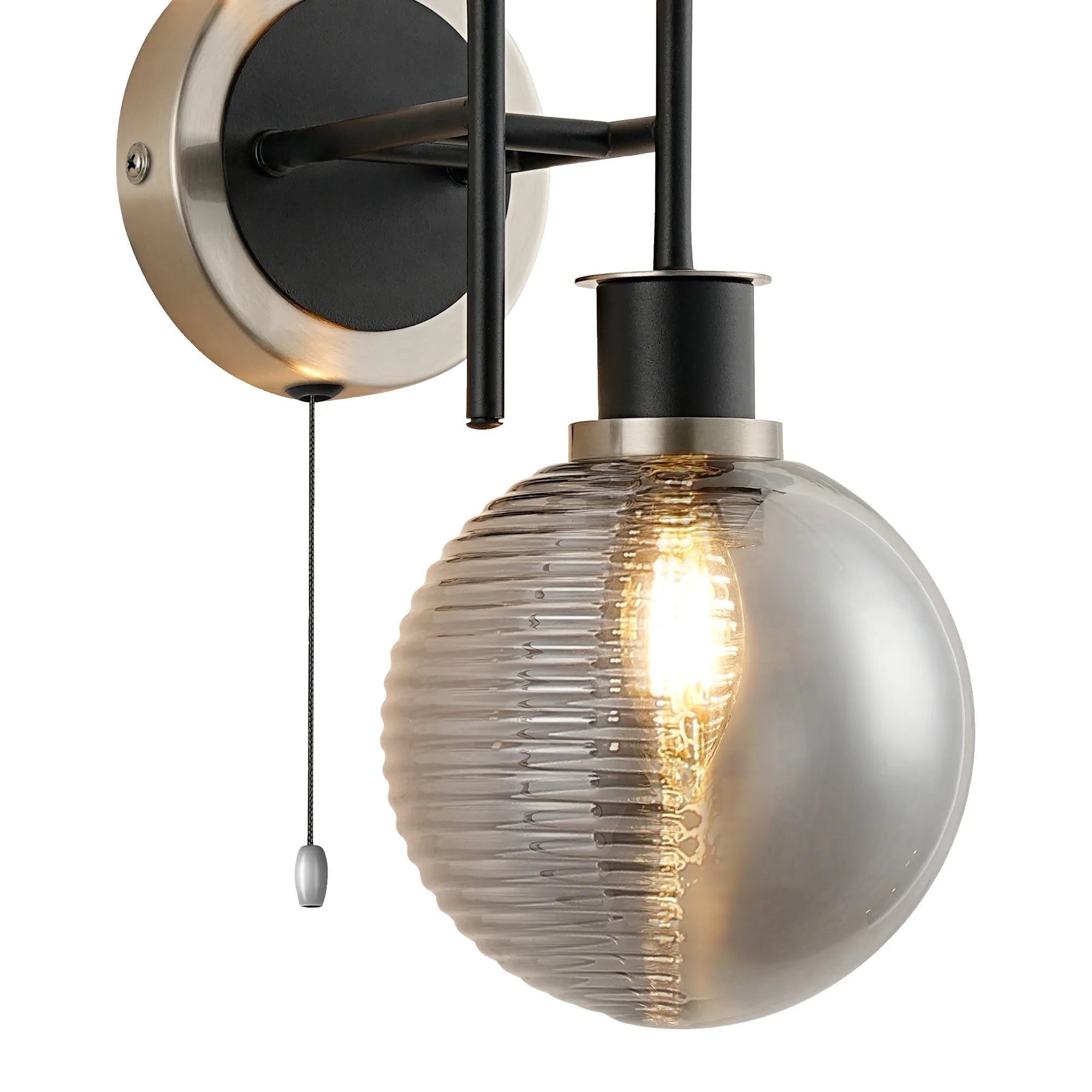 Sycamore Switched Wall Light 2 Light -IP44 with 15cm Round Double Textured Smooth & Ribbed Shade - Satin Nickel, Smoke Plated & Satin Black